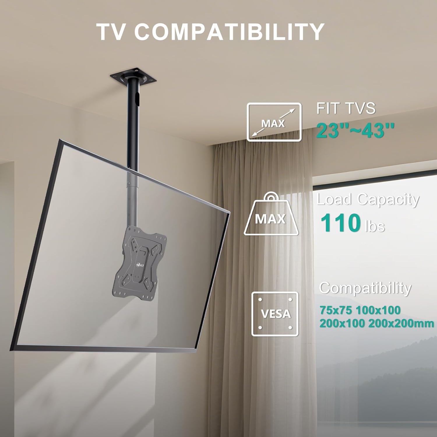 image:imageWALI Ceiling TV Mount for 2665 Inch LCD LED OLED 4K TVs Hanging Pole Ceiling Mount TV Bracket Up Down TV Ceiling Mounts for Gym Patio Gazebo up to 110 lbs Max VESA 400x400mm CM2665 Black200x200mm