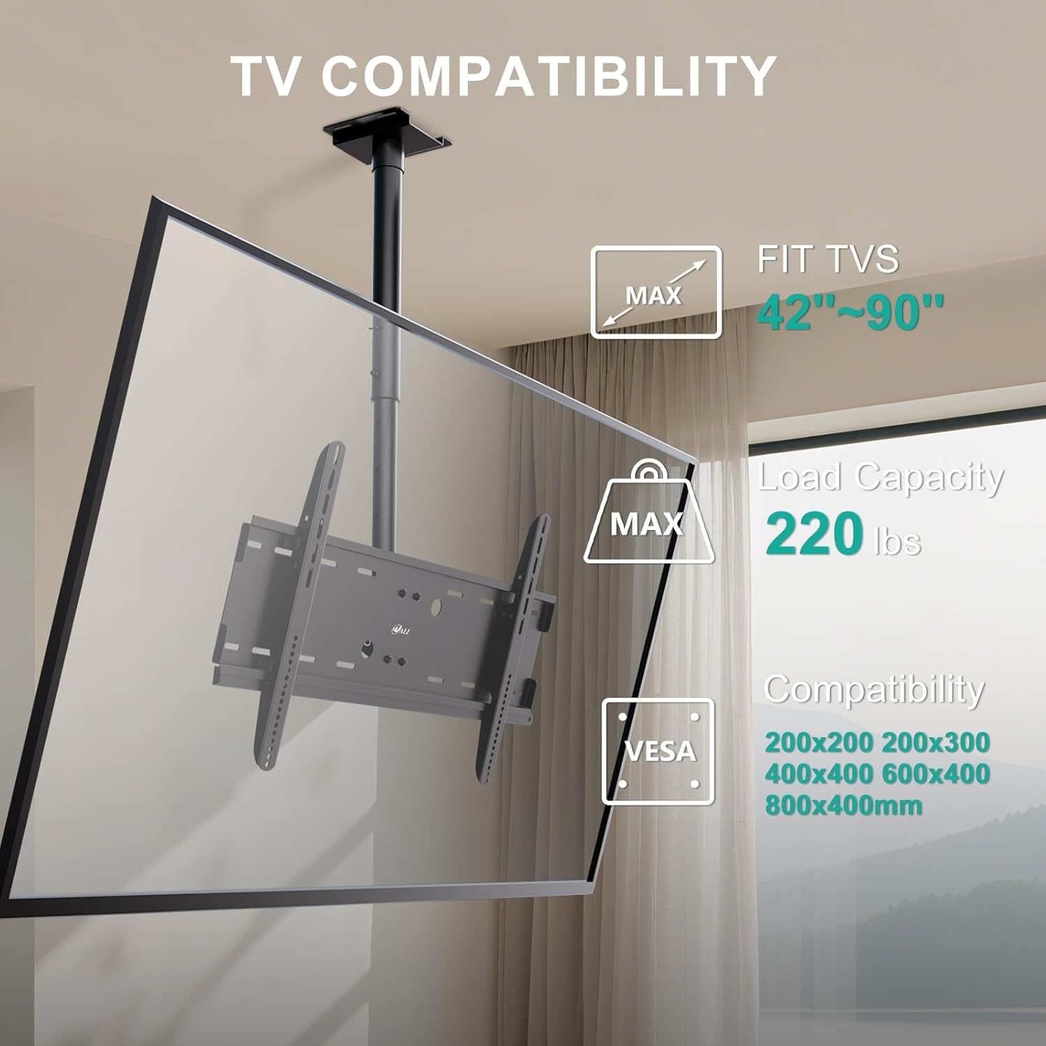 image:imageWALI Ceiling TV Mount for 2665 Inch LCD LED OLED 4K TVs Hanging Pole Ceiling Mount TV Bracket Up Down TV Ceiling Mounts for Gym Patio Gazebo up to 110 lbs Max VESA 400x400mm CM2665 Black800x400mm