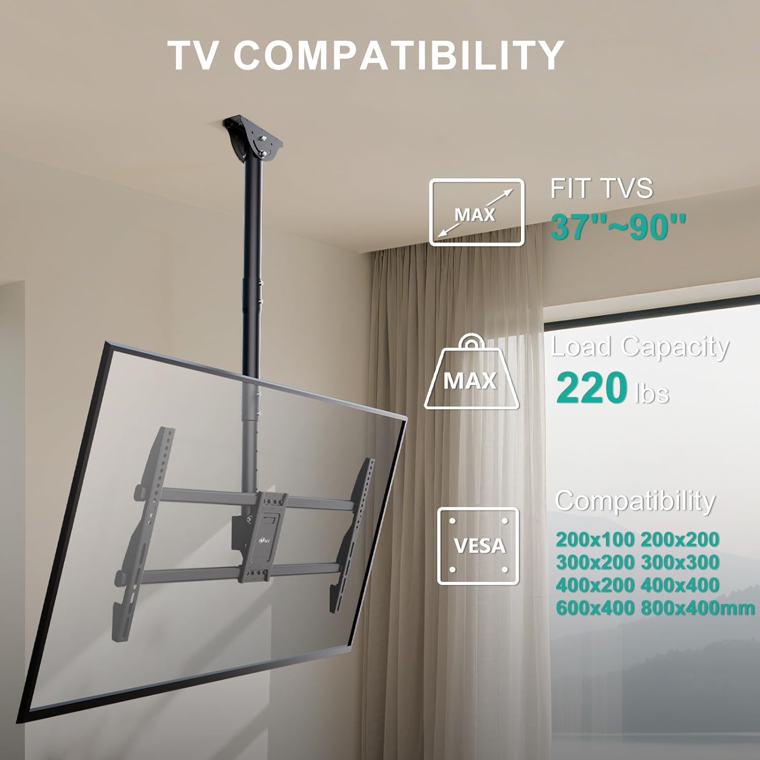 image:imageWALI Ceiling TV Mount for 2665 Inch LCD LED OLED 4K TVs Hanging Pole Ceiling Mount TV Bracket Up Down TV Ceiling Mounts for Gym Patio Gazebo up to 110 lbs Max VESA 400x400mm CM2665 Black800x400mm