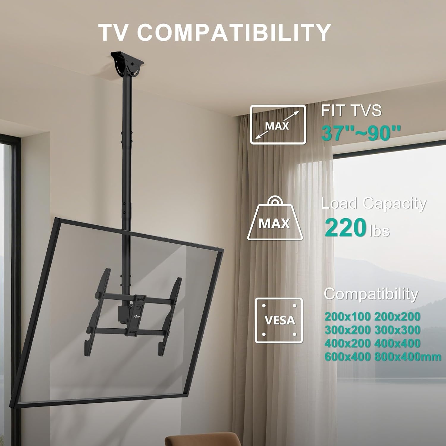 image:imageWALI Ceiling TV Mount for 2665 Inch LCD LED OLED 4K TVs Hanging Pole Ceiling Mount TV Bracket Up Down TV Ceiling Mounts for Gym Patio Gazebo up to 110 lbs Max VESA 400x400mm CM2665 Black800x400mm