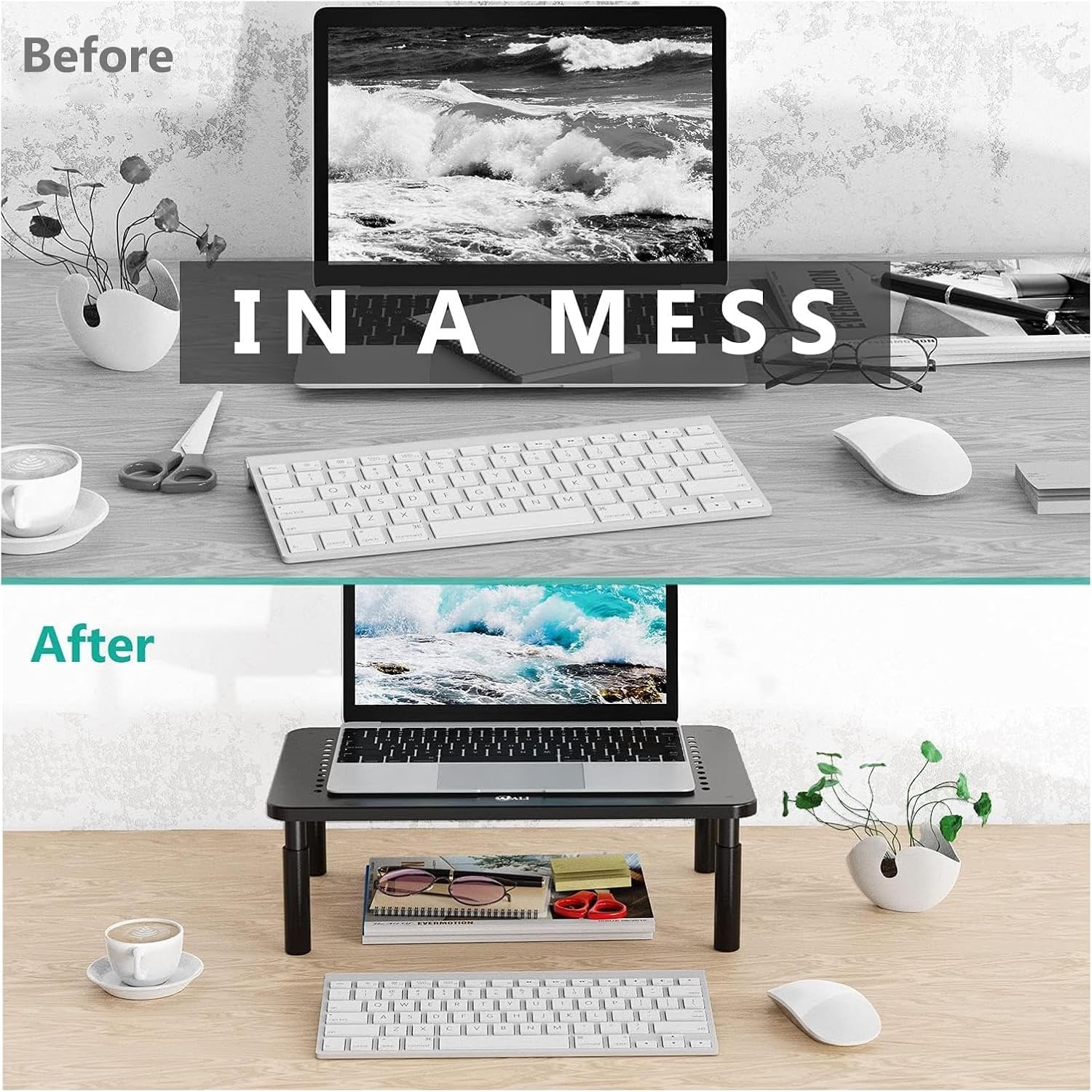 image:imageWALI Computer Monitor Stand for Desk Adjustable Laptop Riser Desk Monitor Stand Underneath Storage for Office School Supplies PTT001B 1 Pack BlackMetal Black