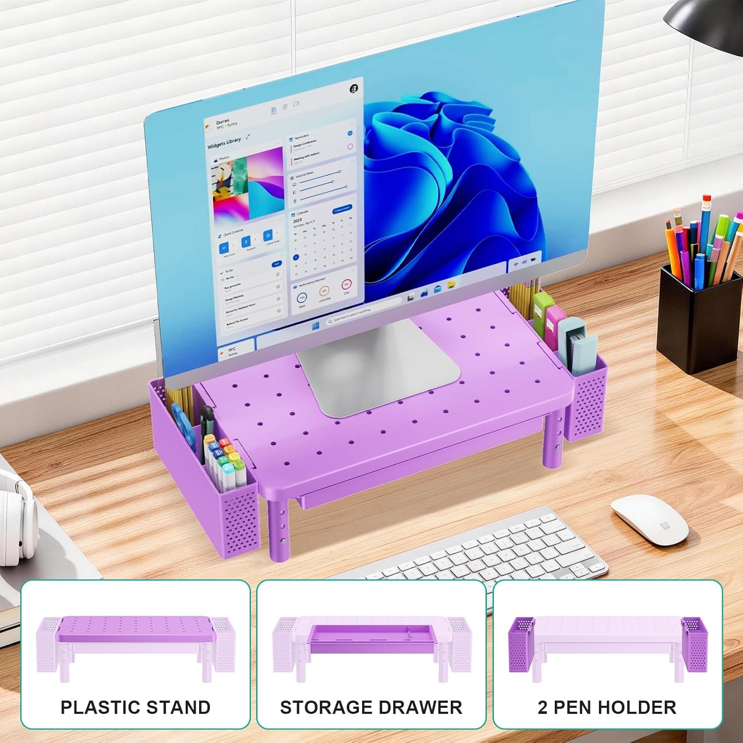 image:imageWALI Computer Monitor Stand for Desk Adjustable Laptop Riser Desk Monitor Stand Underneath Storage for Office School Supplies PTT001B 1 Pack BlackViolet