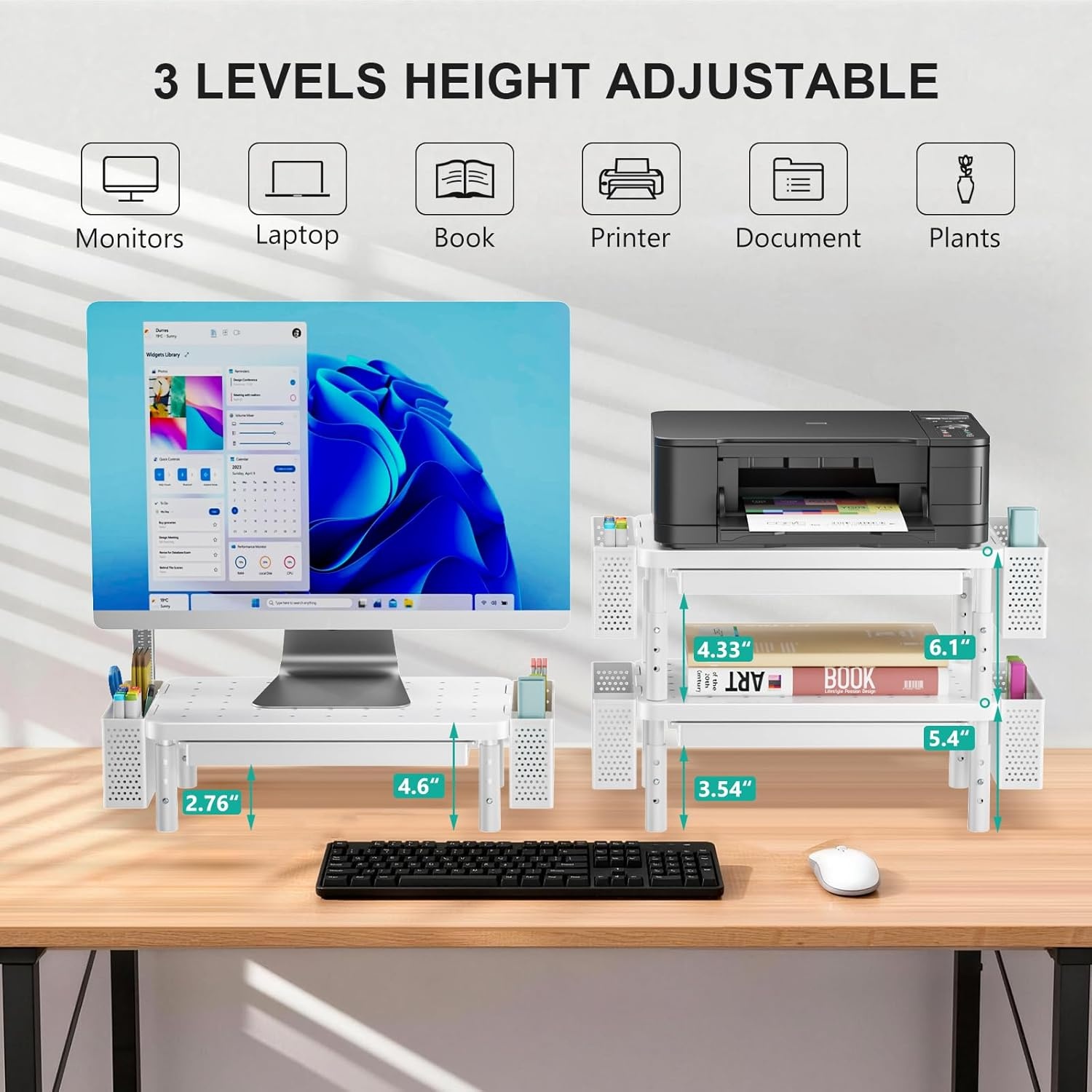 image:imageWALI Computer Monitor Stand for Desk Adjustable Laptop Riser Desk Monitor Stand Underneath Storage for Office School Supplies PTT001B 1 Pack BlackWhite