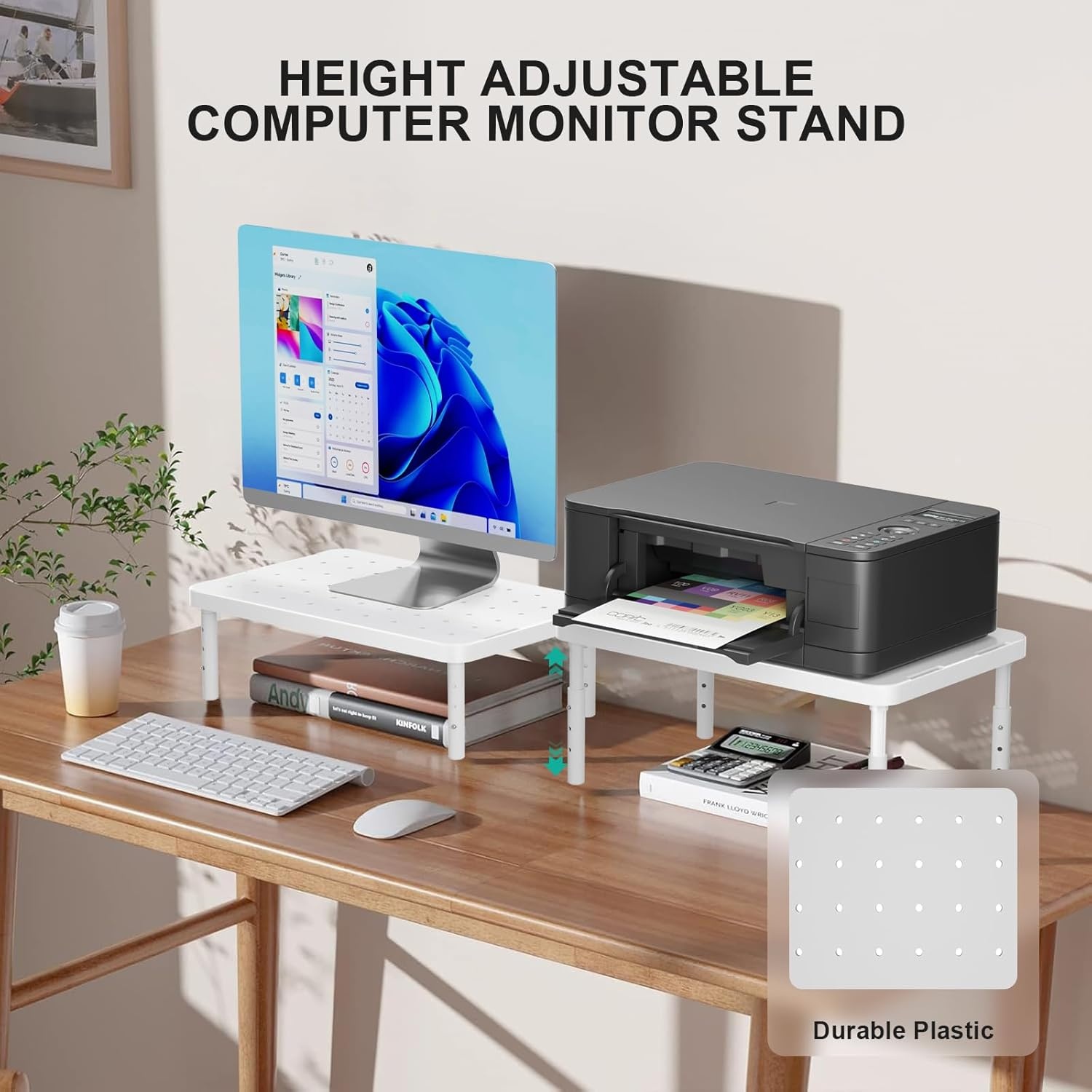 image:imageWALI Computer Monitor Stand for Desk Adjustable Laptop Riser Desk Monitor Stand Underneath Storage for Office School Supplies PTT001B 1 Pack BlackWhite