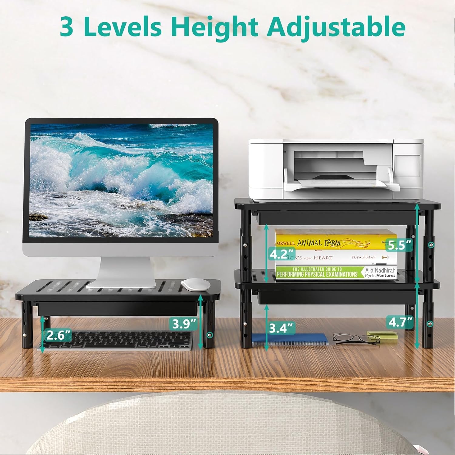 image:imageWALI Computer Monitor Stand with Storage Desk Monitor Riser 3 Height Adjustable Laptop Riser with Airflow Vents Desk Organizer for Computer Laptop Printer Notebook STT003DB 1 Pack Black