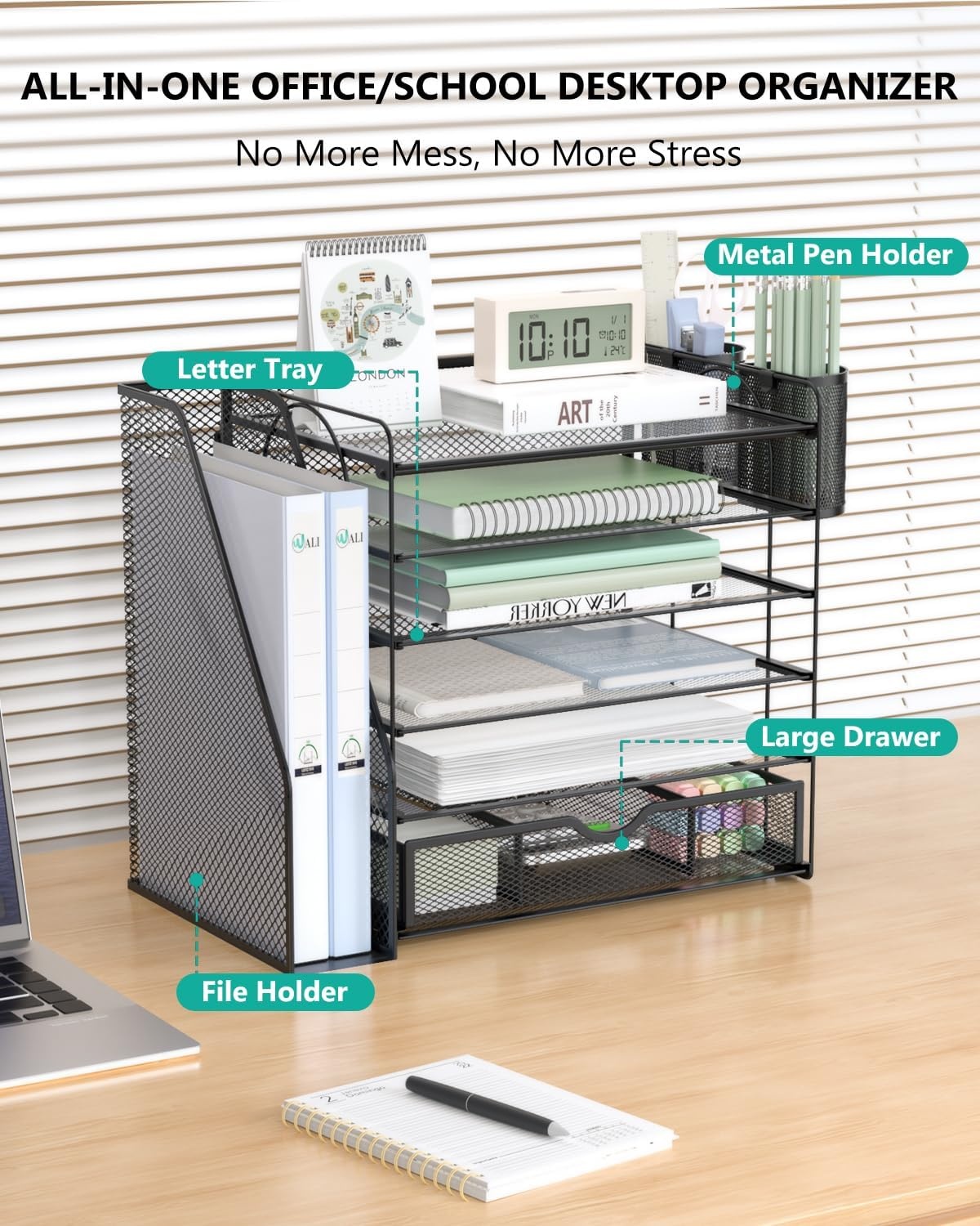 image:imageWALI Desk File Organizer 4 Tier Desktop Paper Letter Tray Organizer with Drawer and 2 Pen Holders Office Desk Accessories amp Workspace Organizers for Office Home SuppliesDO005DHW 1 Pack WhiteBlack