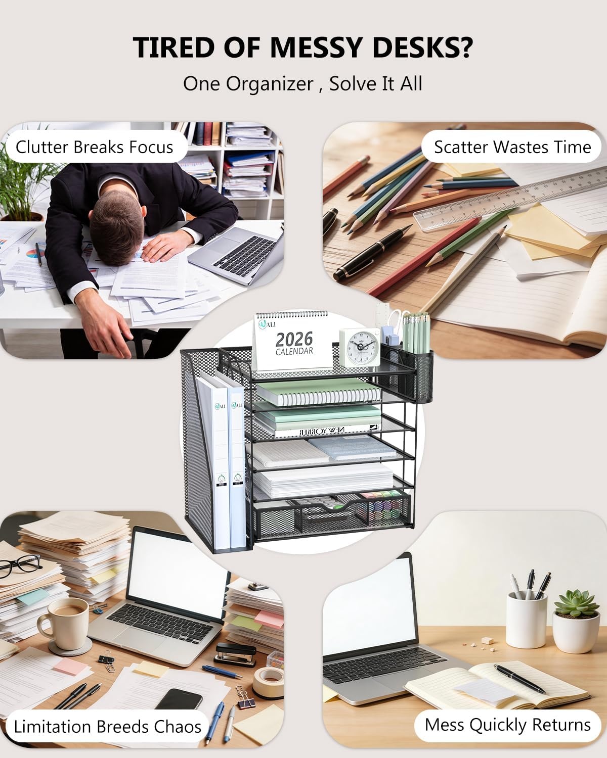 image:imageWALI Desk File Organizer 4 Tier Desktop Paper Letter Tray Organizer with Drawer and 2 Pen Holders Office Desk Accessories amp Workspace Organizers for Office Home SuppliesDO005DHW 1 Pack WhiteBlack