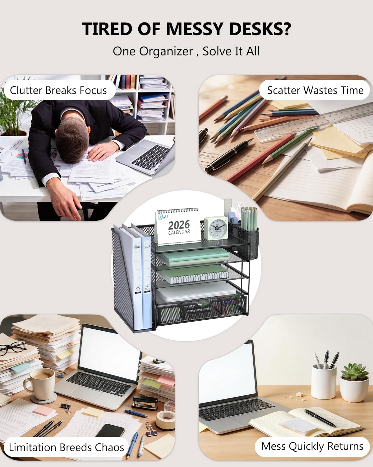 image:imageWALI Desk File Organizer 4 Tier Desktop Paper Letter Tray Organizer with Drawer and 2 Pen Holders Office Desk Accessories amp Workspace Organizers for Office Home SuppliesDO005DHW 1 Pack WhiteBlack