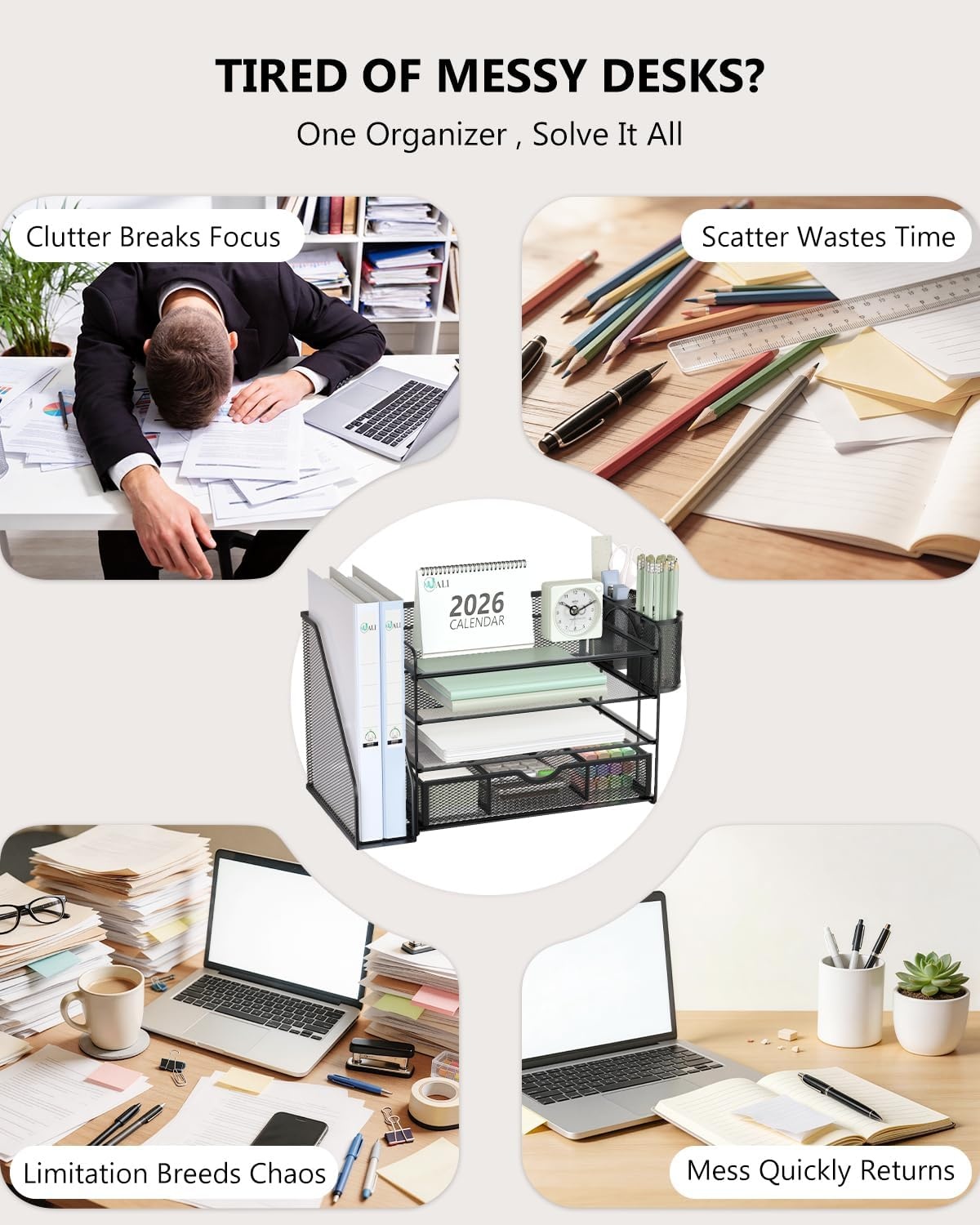 image:imageWALI Desk File Organizer 4 Tier Desktop Paper Letter Tray Organizer with Drawer and 2 Pen Holders Office Desk Accessories amp Workspace Organizers for Office Home SuppliesDO005DHW 1 Pack WhiteBlack