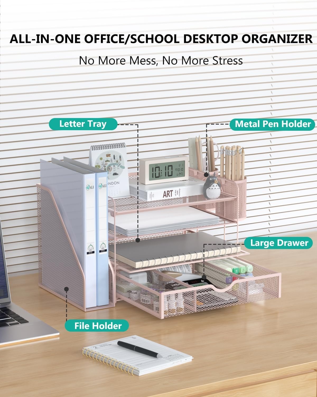 image:imageWALI Desk File Organizer 4 Tier Desktop Paper Letter Tray Organizer with Drawer and 2 Pen Holders Office Desk Accessories amp Workspace Organizers for Office Home SuppliesDO005DHW 1 Pack WhitePink