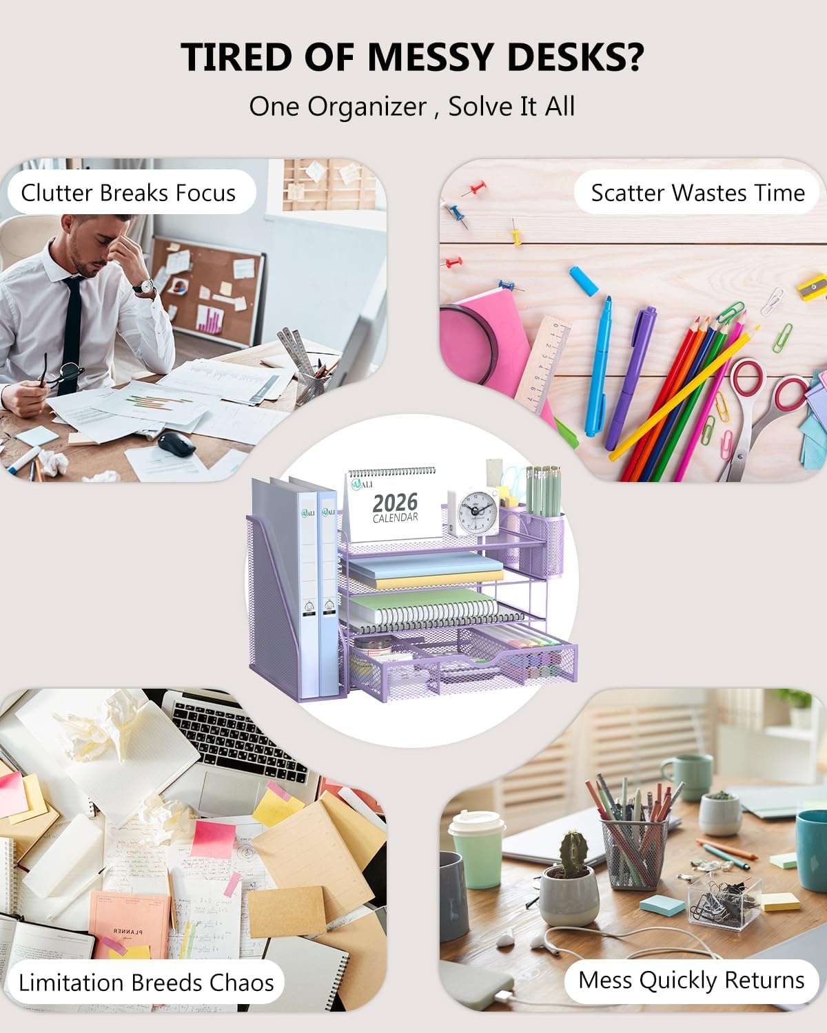 image:imageWALI Desk File Organizer 4 Tier Desktop Paper Letter Tray Organizer with Drawer and 2 Pen Holders Office Desk Accessories amp Workspace Organizers for Office Home SuppliesDO005DHW 1 Pack WhitePurple