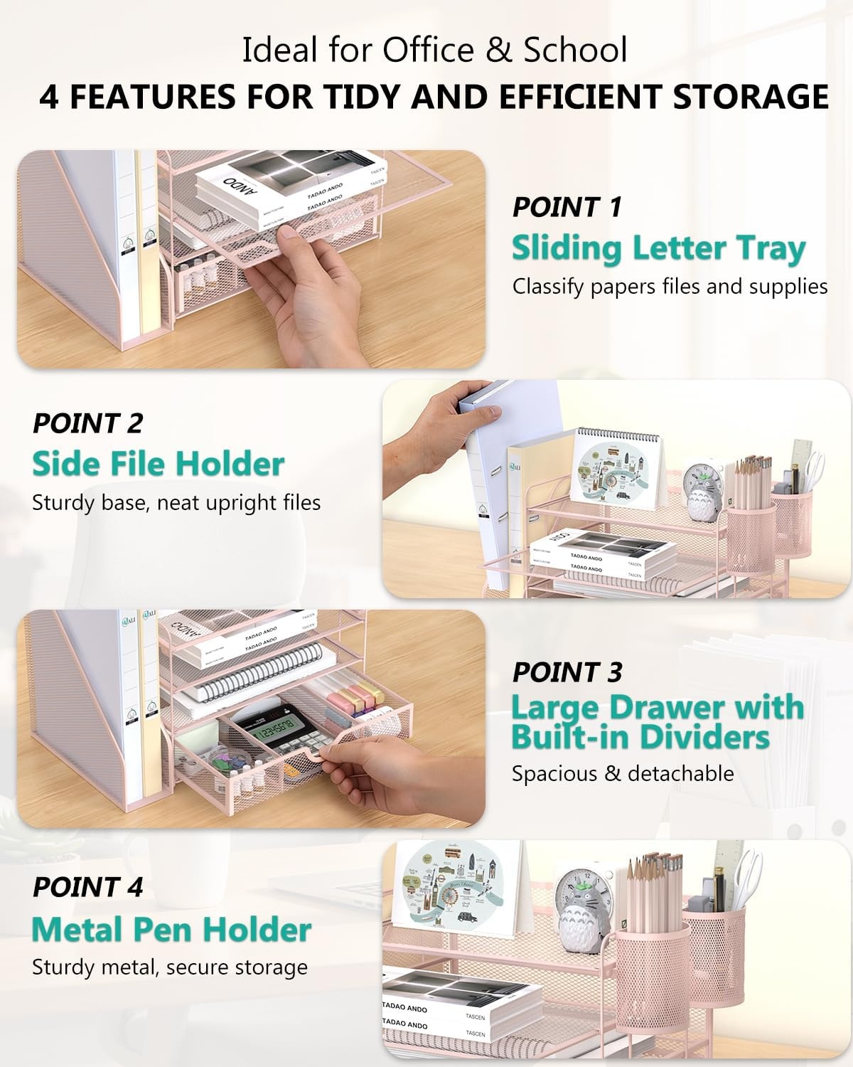image:imageWALI Desk File Organizer 4 Tier Desktop Paper Letter Tray Organizer with Drawer and 2 Pen Holders Office Desk Accessories amp Workspace Organizers for Office Home SuppliesDO005DHW 1 Pack WhitePink