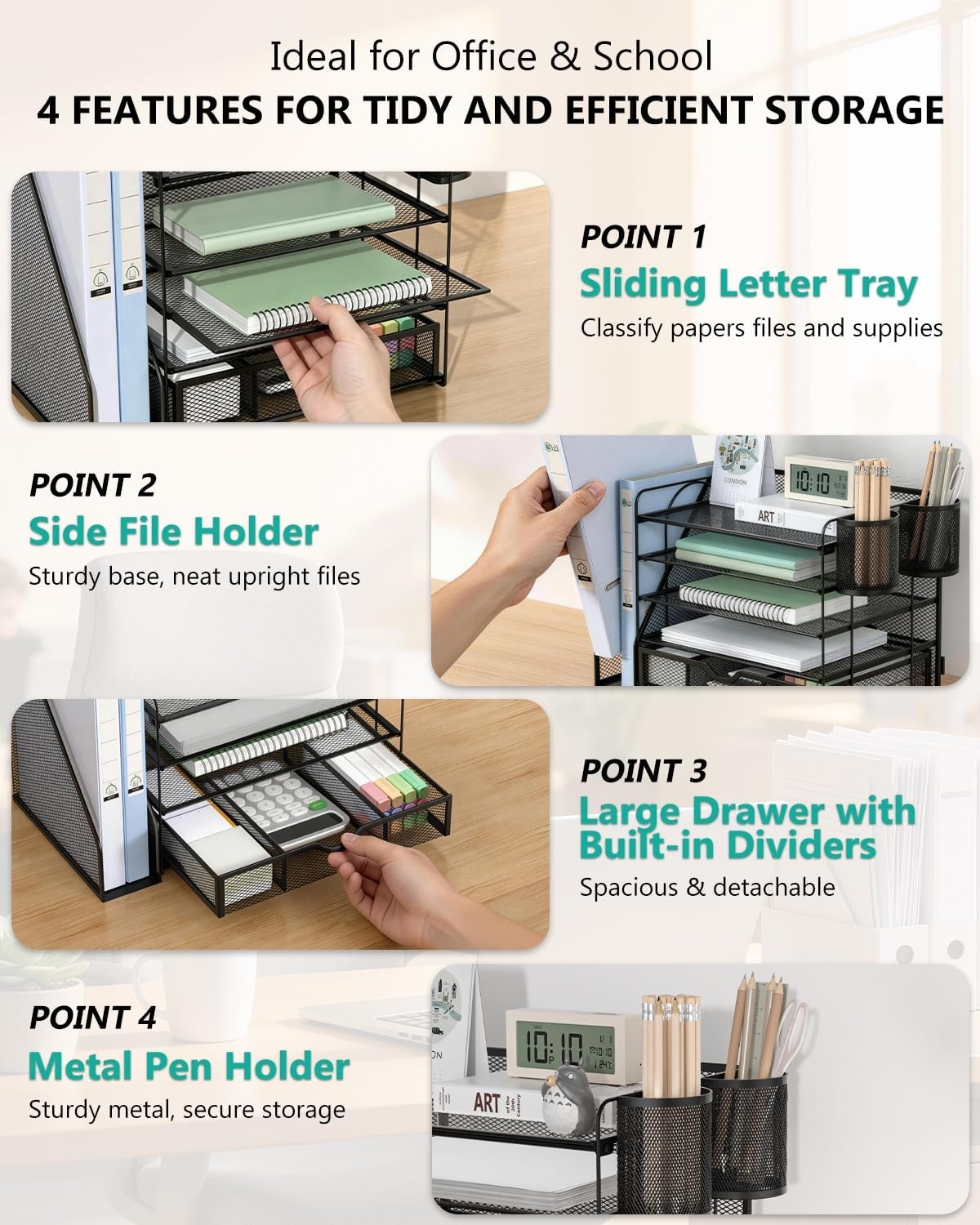 image:imageWALI Desk File Organizer 4 Tier Desktop Paper Letter Tray Organizer with Drawer and 2 Pen Holders Office Desk Accessories amp Workspace Organizers for Office Home SuppliesDO005DHW 1 Pack WhiteBlack