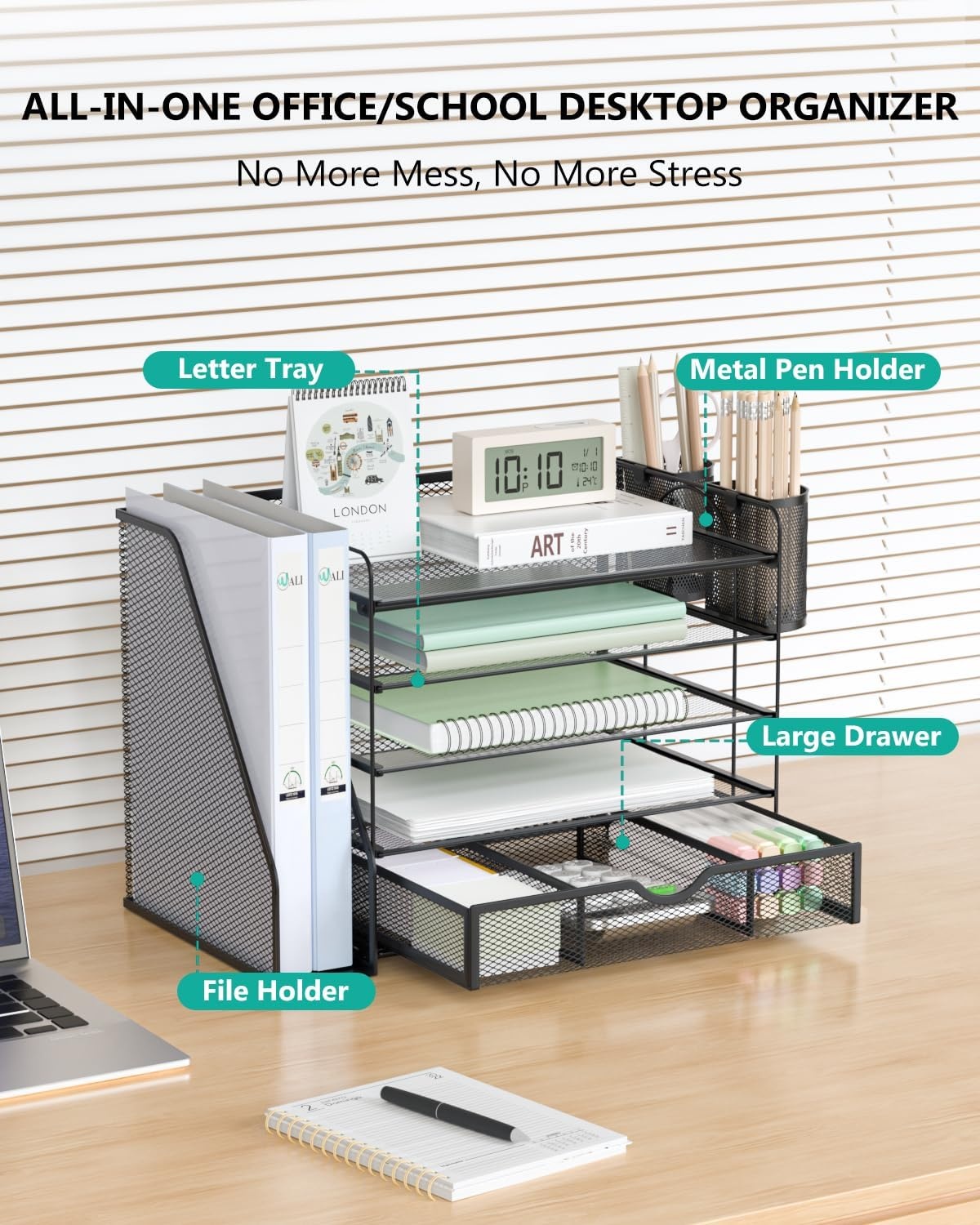image:imageWALI Desk File Organizer 4 Tier Desktop Paper Letter Tray Organizer with Drawer and 2 Pen Holders Office Desk Accessories amp Workspace Organizers for Office Home SuppliesDO005DHW 1 Pack WhiteBlack