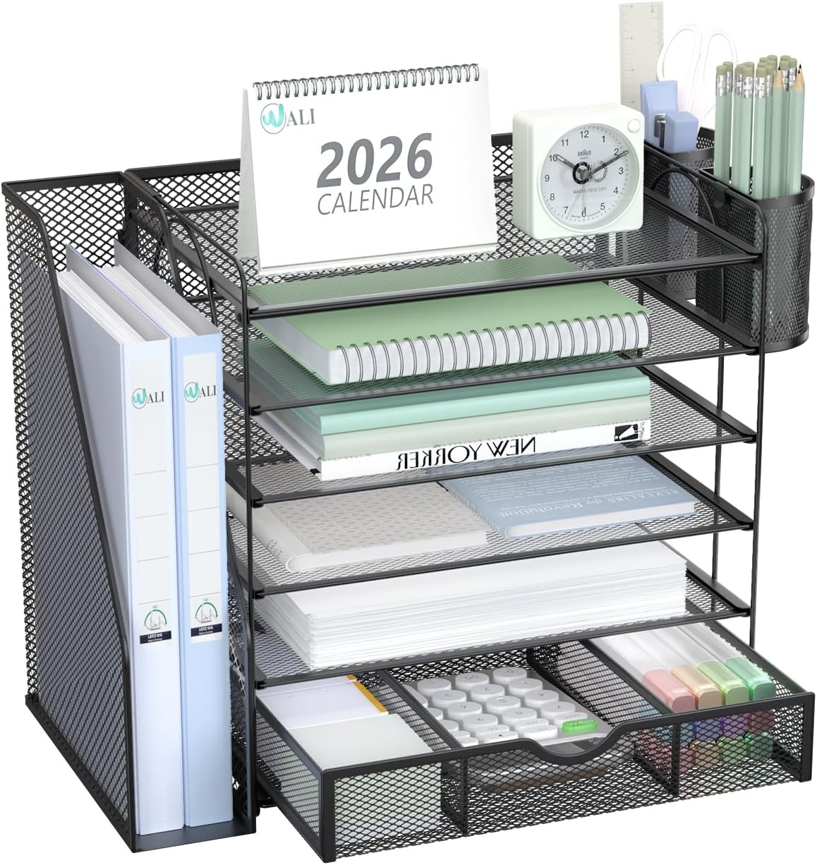 image:imageWALI Desk File Organizer 4 Tier Desktop Paper Letter Tray Organizer with Drawer and 2 Pen Holders Office Desk Accessories amp Workspace Organizers for Office Home SuppliesDO005DHW 1 Pack WhiteBlack