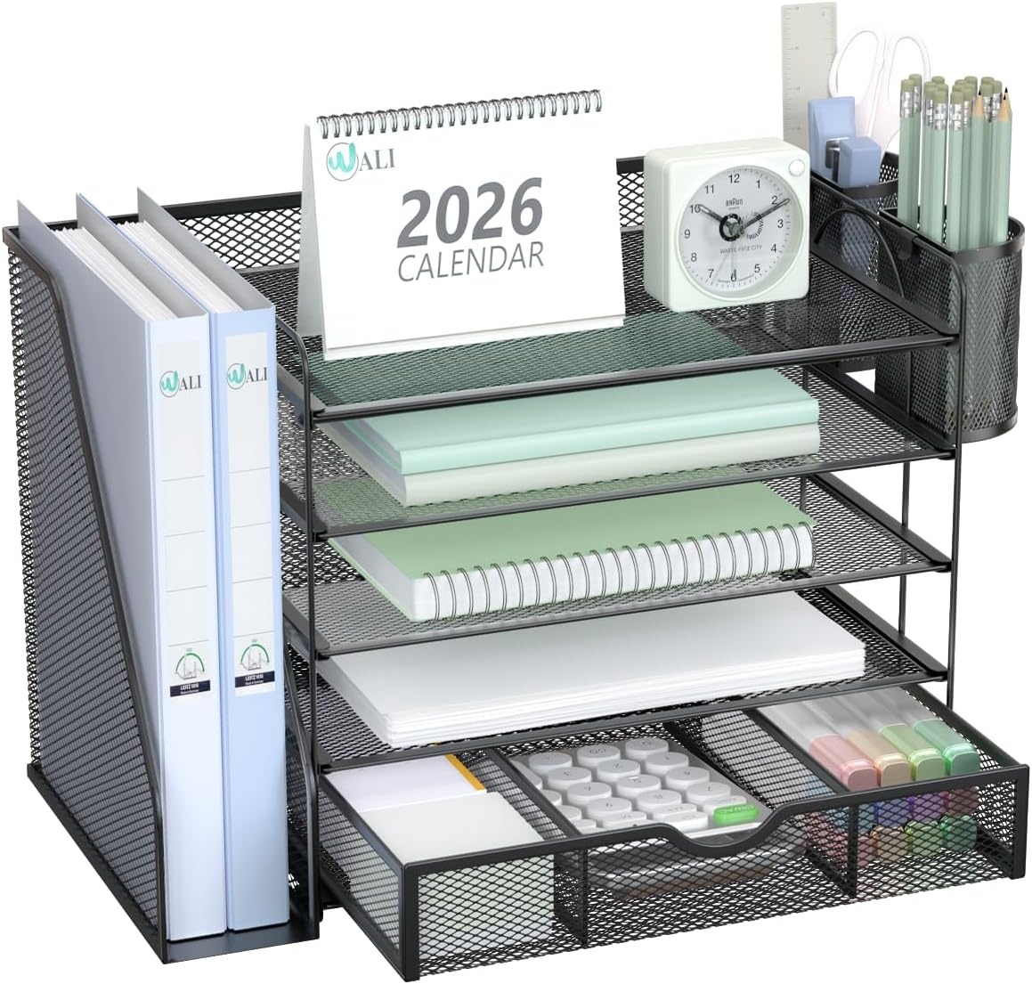 image:imageWALI Desk File Organizer 4 Tier Desktop Paper Letter Tray Organizer with Drawer and 2 Pen Holders Office Desk Accessories amp Workspace Organizers for Office Home SuppliesDO005DHW 1 Pack WhiteBlack