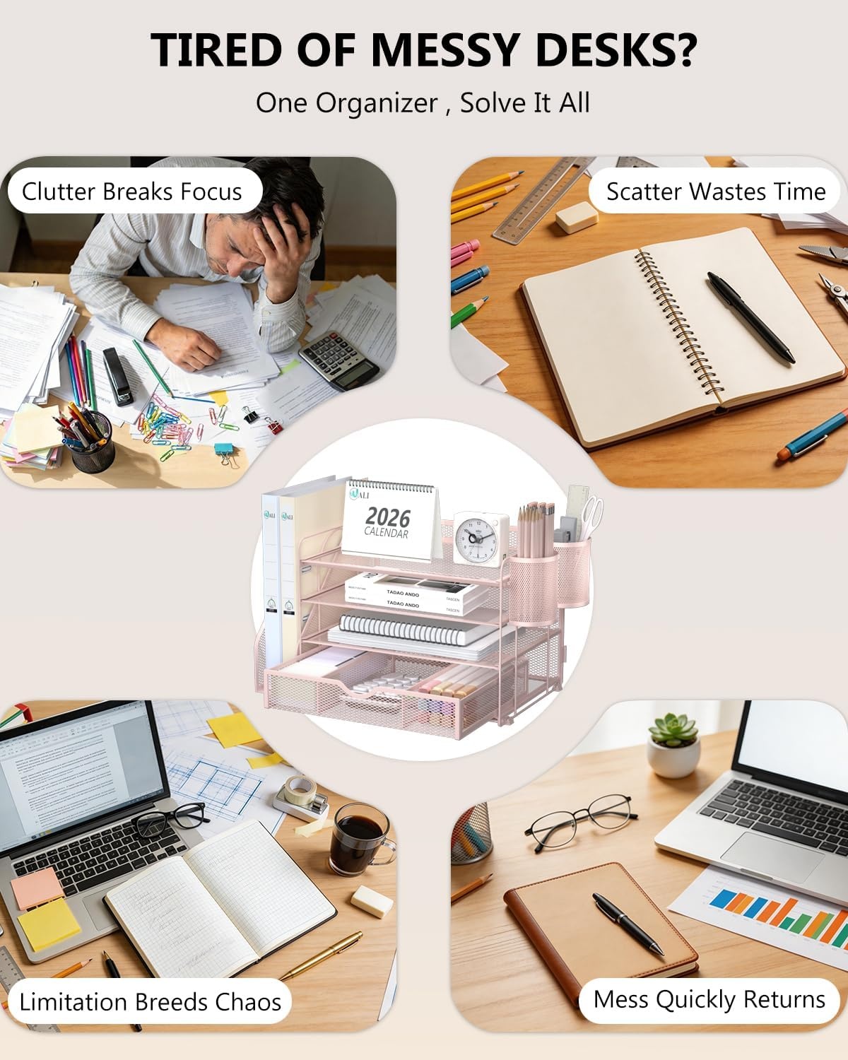 image:imageWALI Desk File Organizer 4 Tier Desktop Paper Letter Tray Organizer with Drawer and 2 Pen Holders Office Desk Accessories amp Workspace Organizers for Office Home SuppliesDO005DHW 1 Pack WhitePink
