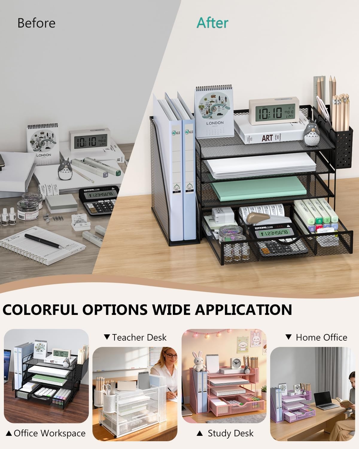 image:imageWALI Desk File Organizer 4 Tier Desktop Paper Letter Tray Organizer with Drawer and 2 Pen Holders Office Desk Accessories amp Workspace Organizers for Office Home SuppliesDO005DHW 1 Pack WhiteBlack