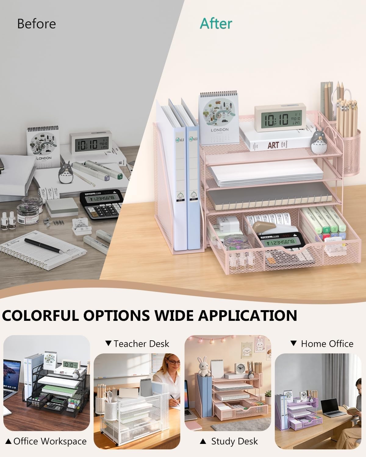 image:imageWALI Desk File Organizer 4 Tier Desktop Paper Letter Tray Organizer with Drawer and 2 Pen Holders Office Desk Accessories amp Workspace Organizers for Office Home SuppliesDO005DHW 1 Pack WhitePink