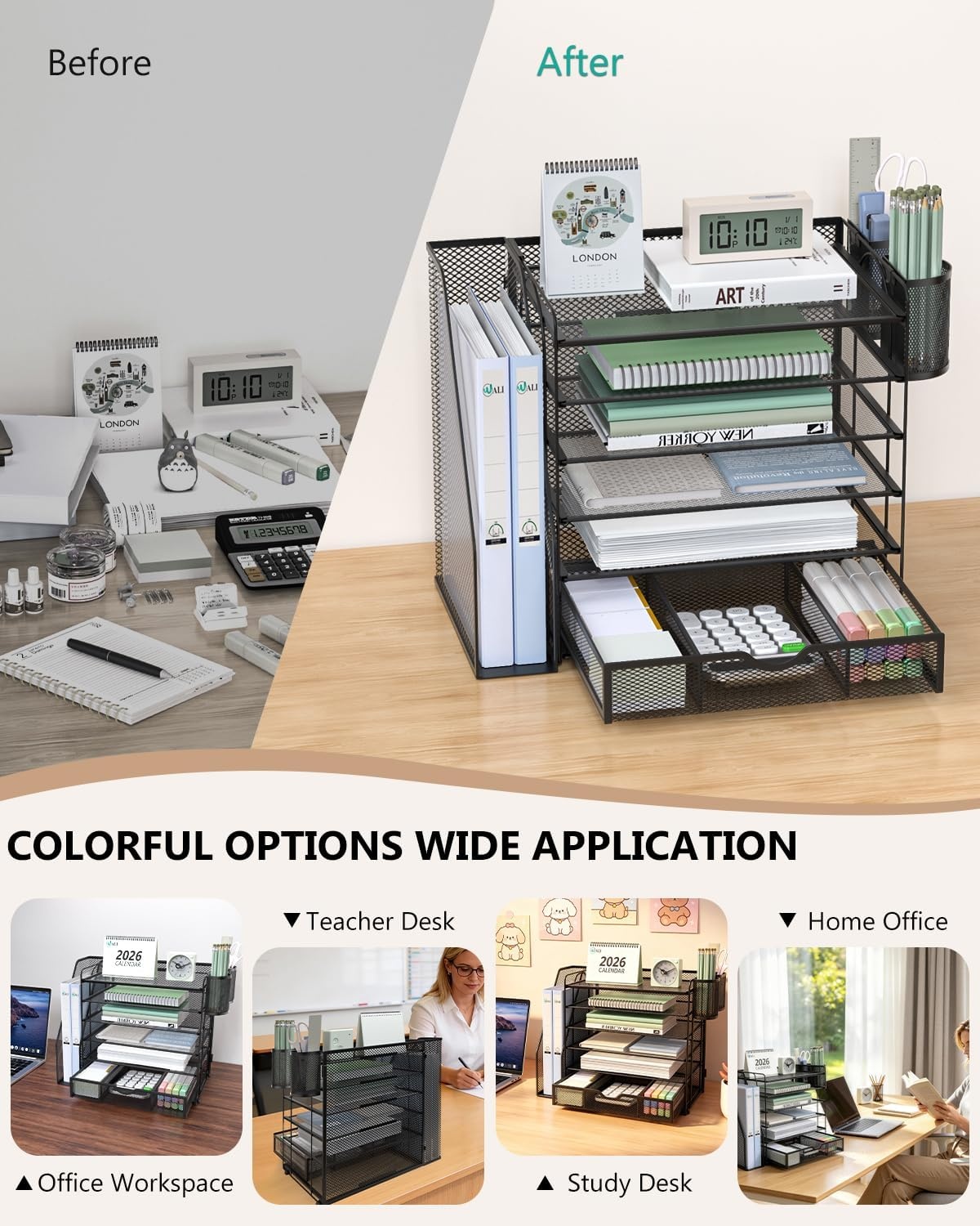 image:imageWALI Desk File Organizer 4 Tier Desktop Paper Letter Tray Organizer with Drawer and 2 Pen Holders Office Desk Accessories amp Workspace Organizers for Office Home SuppliesDO005DHW 1 Pack WhiteBlack
