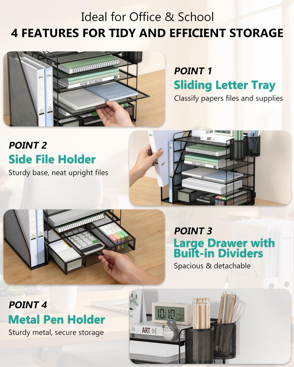 image:imageWALI Desk File Organizer 4 Tier Desktop Paper Letter Tray Organizer with Drawer and 2 Pen Holders Office Desk Accessories amp Workspace Organizers for Office Home SuppliesDO005DHW 1 Pack WhiteBlack