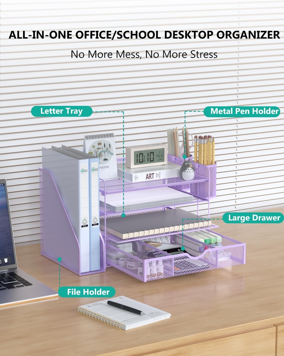 image:imageWALI Desk File Organizer 4 Tier Desktop Paper Letter Tray Organizer with Drawer and 2 Pen Holders Office Desk Accessories amp Workspace Organizers for Office Home SuppliesDO005DHW 1 Pack WhitePurple