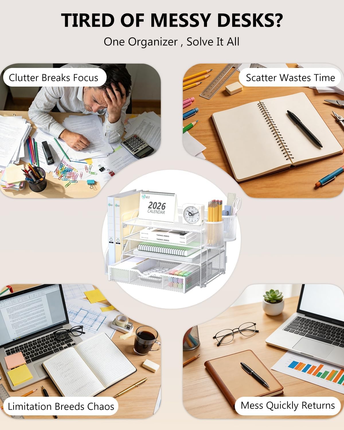 image:imageWALI Desk File Organizer 4 Tier Desktop Paper Letter Tray Organizer with Drawer and 2 Pen Holders Office Desk Accessories amp Workspace Organizers for Office Home SuppliesDO005DHW 1 Pack WhiteWhite