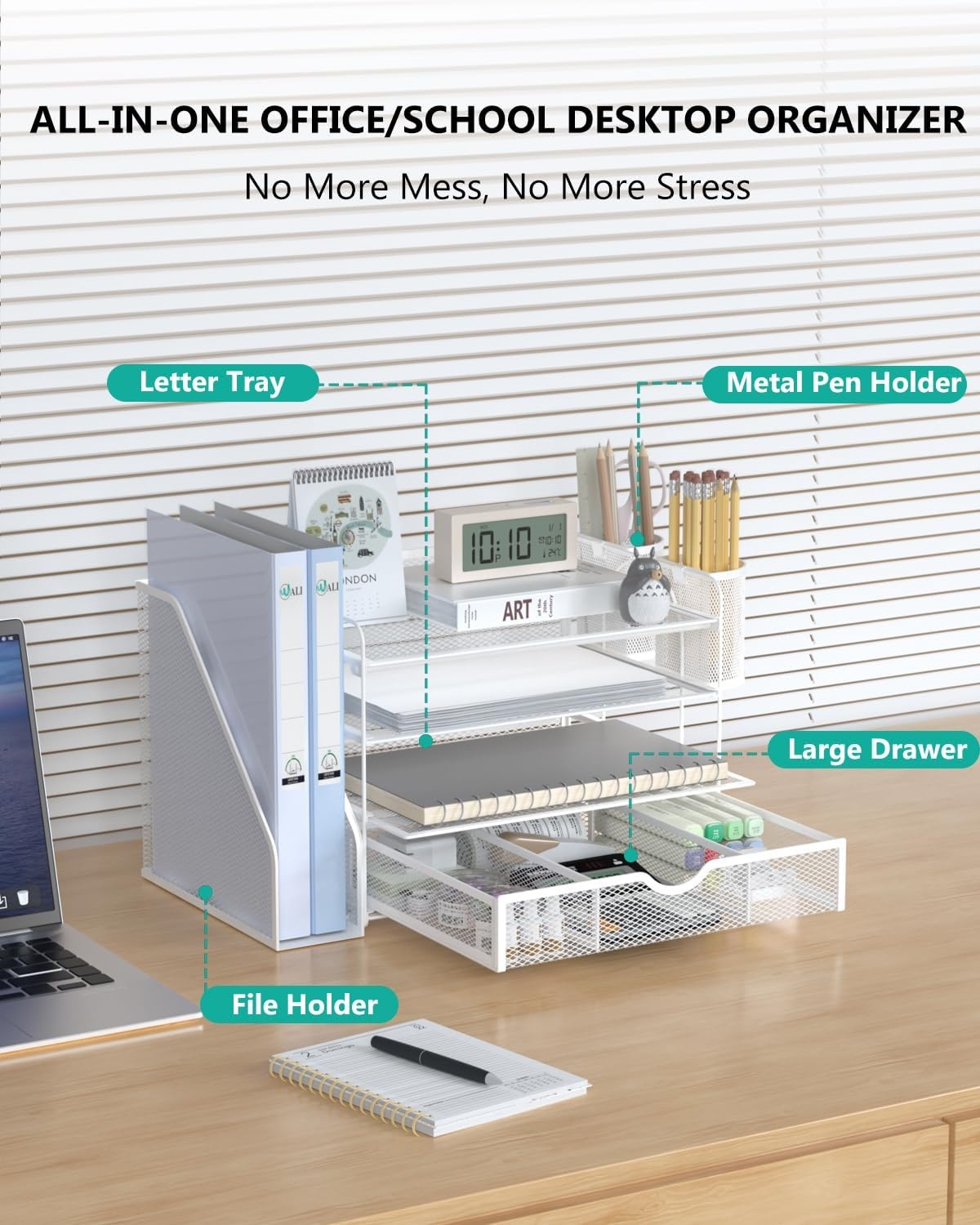 image:imageWALI Desk File Organizer 4 Tier Desktop Paper Letter Tray Organizer with Drawer and 2 Pen Holders Office Desk Accessories amp Workspace Organizers for Office Home SuppliesDO005DHW 1 Pack WhiteWhite