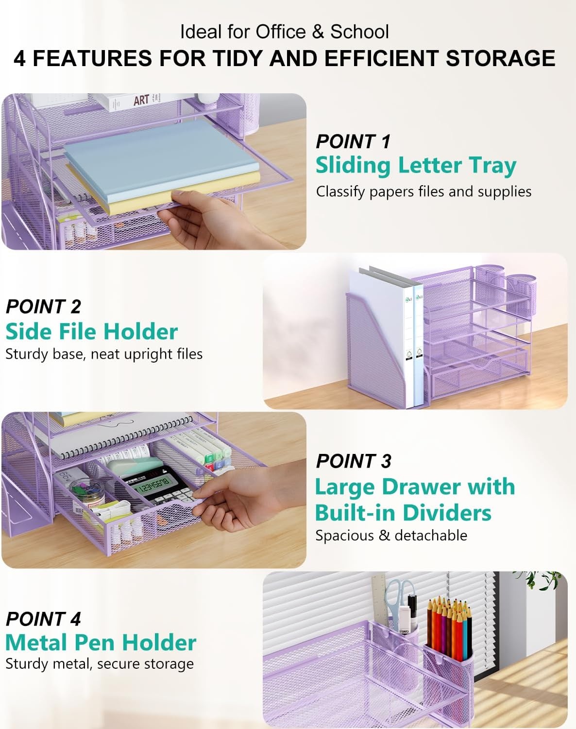 image:imageWALI Desk File Organizer 4 Tier Desktop Paper Letter Tray Organizer with Drawer and 2 Pen Holders Office Desk Accessories amp Workspace Organizers for Office Home SuppliesDO005DHW 1 Pack WhitePurple