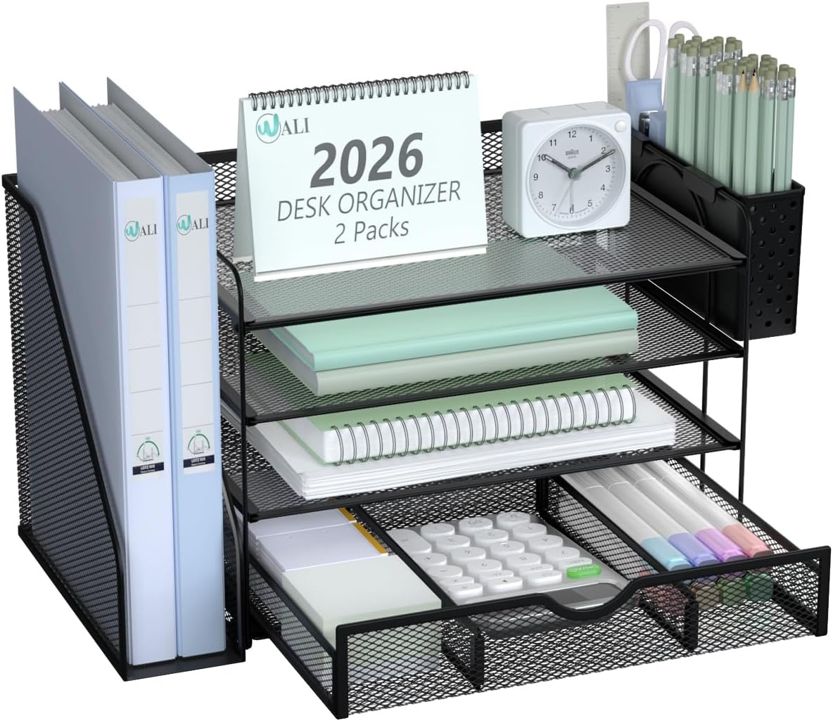 image:imageWALI Desk File Organizer 4 Tier Desktop Paper Letter Tray Organizer with Drawer and 2 Pen Holders Office Desk Accessories amp Workspace Organizers for Office Home SuppliesDO005DHW 1 Pack WhiteBlack