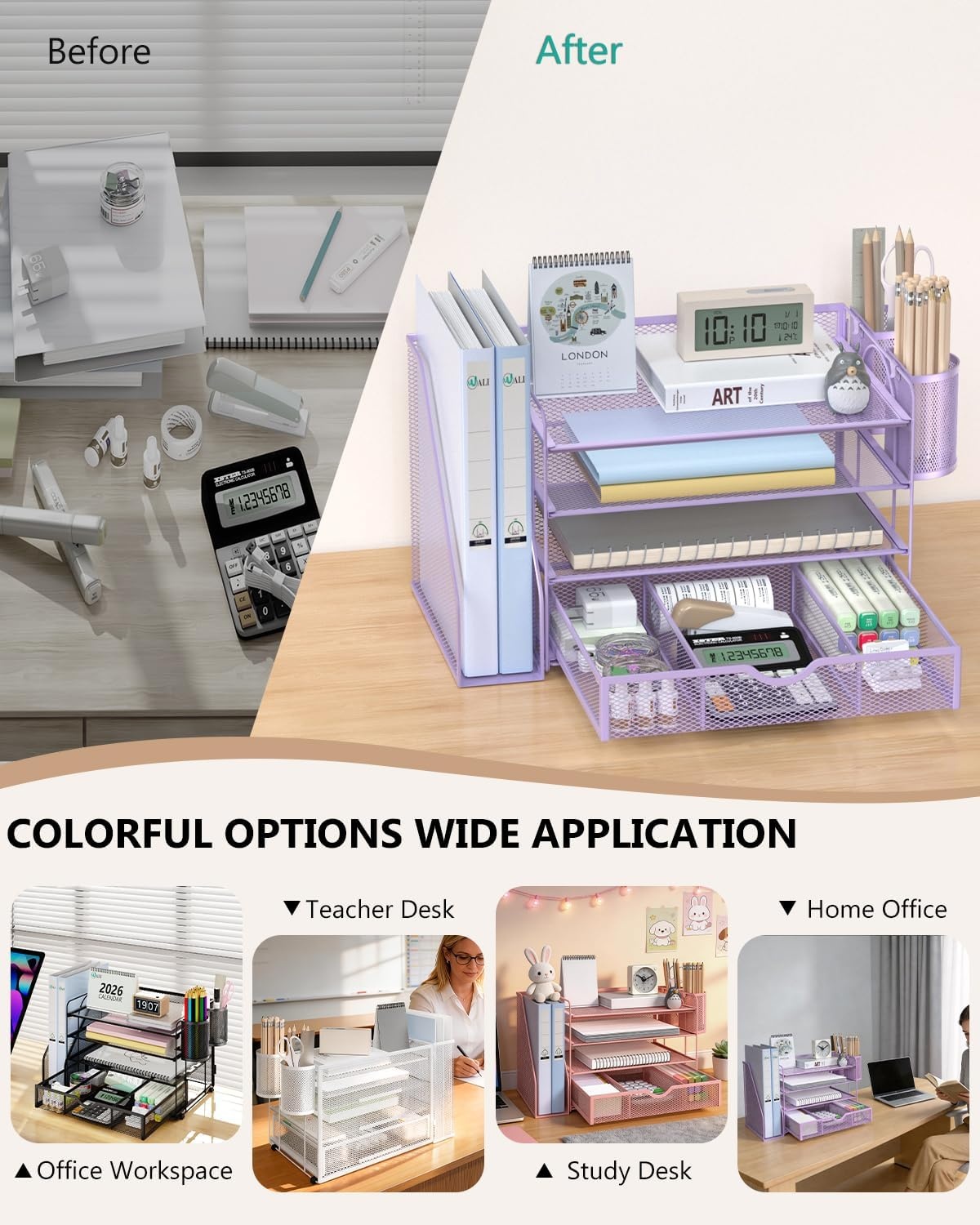 image:imageWALI Desk File Organizer 4 Tier Desktop Paper Letter Tray Organizer with Drawer and 2 Pen Holders Office Desk Accessories amp Workspace Organizers for Office Home SuppliesDO005DHW 1 Pack WhitePurple