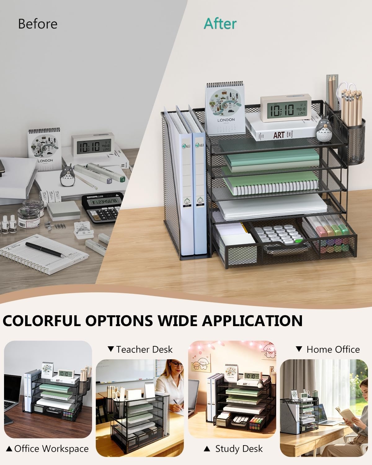 image:imageWALI Desk File Organizer 4 Tier Desktop Paper Letter Tray Organizer with Drawer and 2 Pen Holders Office Desk Accessories amp Workspace Organizers for Office Home SuppliesDO005DHW 1 Pack WhiteBlack