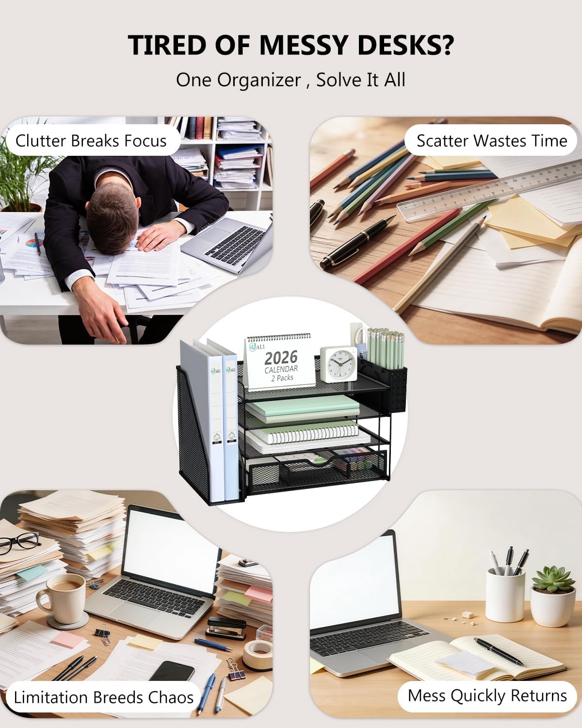 image:imageWALI Desk File Organizer 4 Tier Desktop Paper Letter Tray Organizer with Drawer and 2 Pen Holders Office Desk Accessories amp Workspace Organizers for Office Home SuppliesDO005DHW 1 Pack WhiteBlack