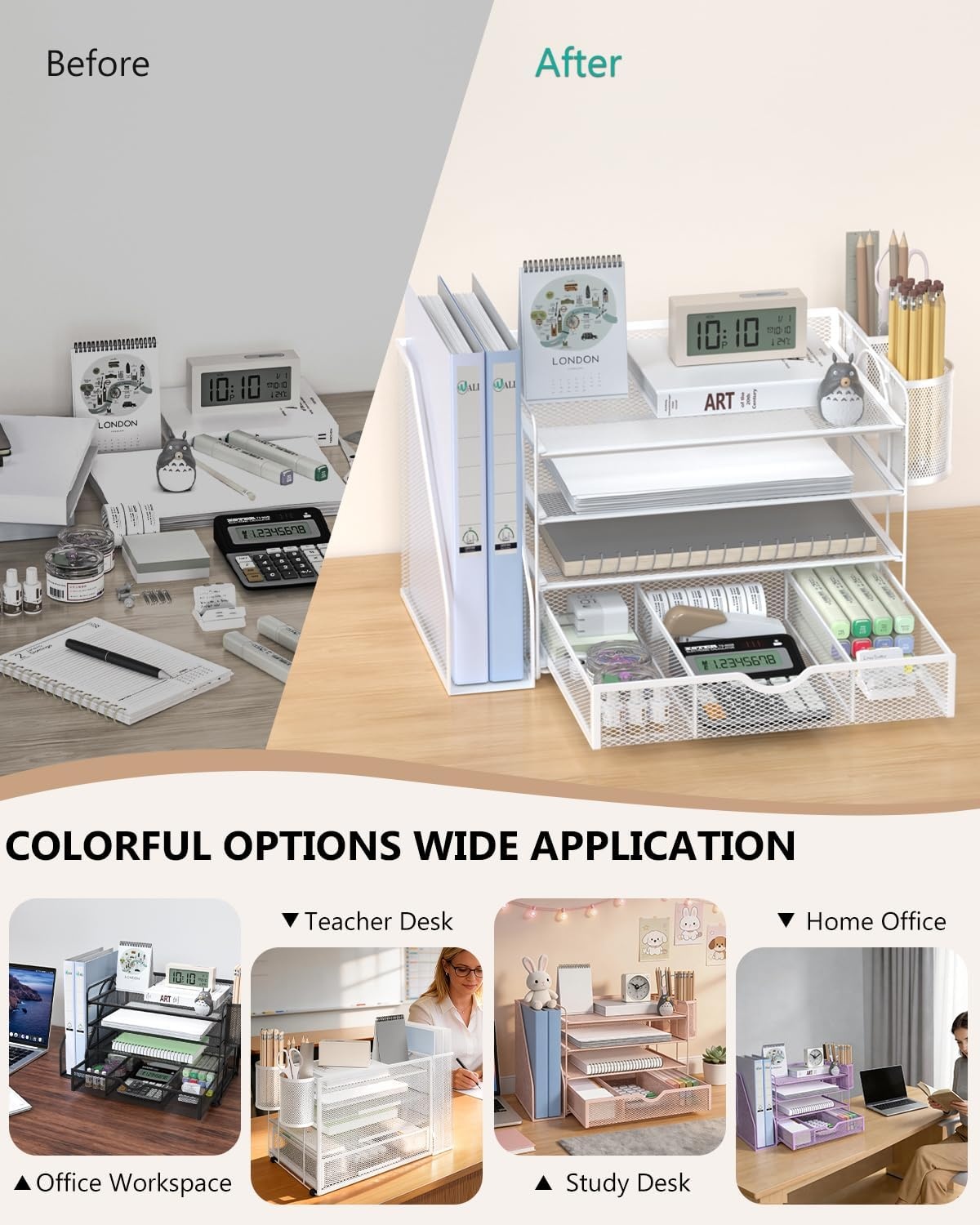 image:imageWALI Desk File Organizer 4 Tier Desktop Paper Letter Tray Organizer with Drawer and 2 Pen Holders Office Desk Accessories amp Workspace Organizers for Office Home SuppliesDO005DHW 1 Pack WhiteWhite