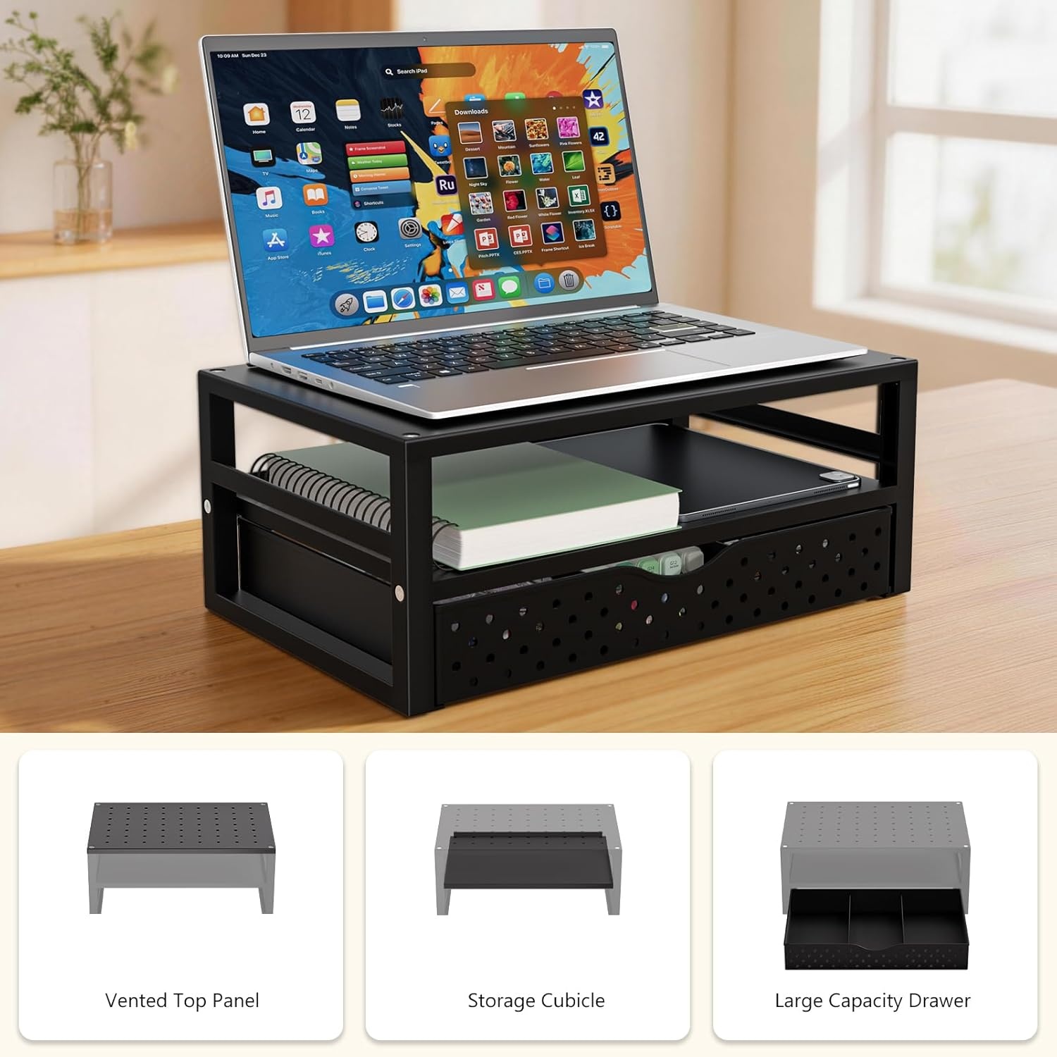 image:imageWALI Dual Monitor Stand for Desk Desk Monitor Riser 3 Height Adjustable Laptop Riser with Airflow Vents Desk Organizer for Computer Laptop Printer Notebook STT0032 2 Pack BlackBlack