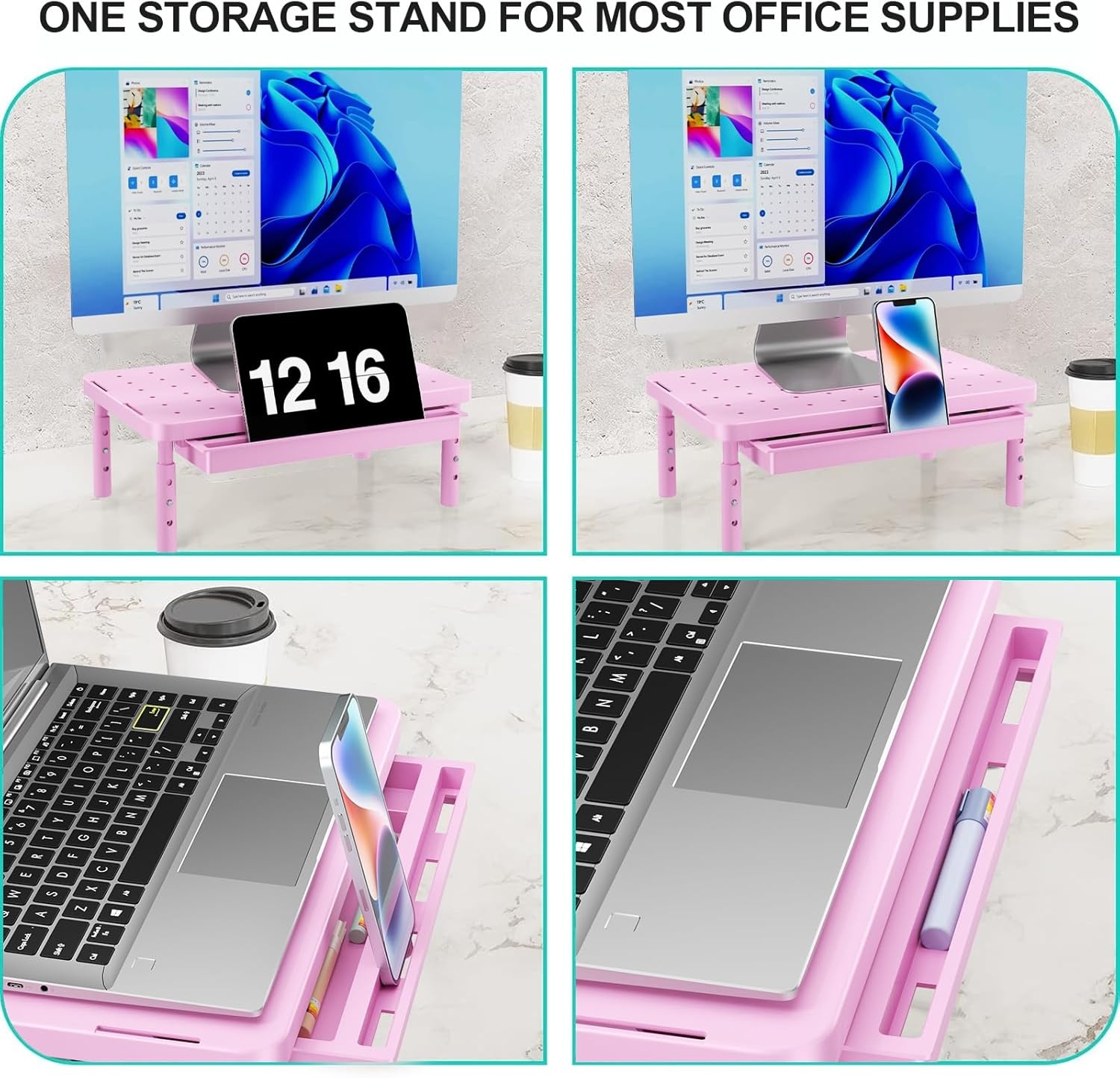 image:imageWALI Dual Monitor Stand for Desk Desk Monitor Riser 3 Height Adjustable Laptop Riser with Airflow Vents Desk Organizer for Computer Laptop Printer Notebook STT0032 2 Pack BlackPink