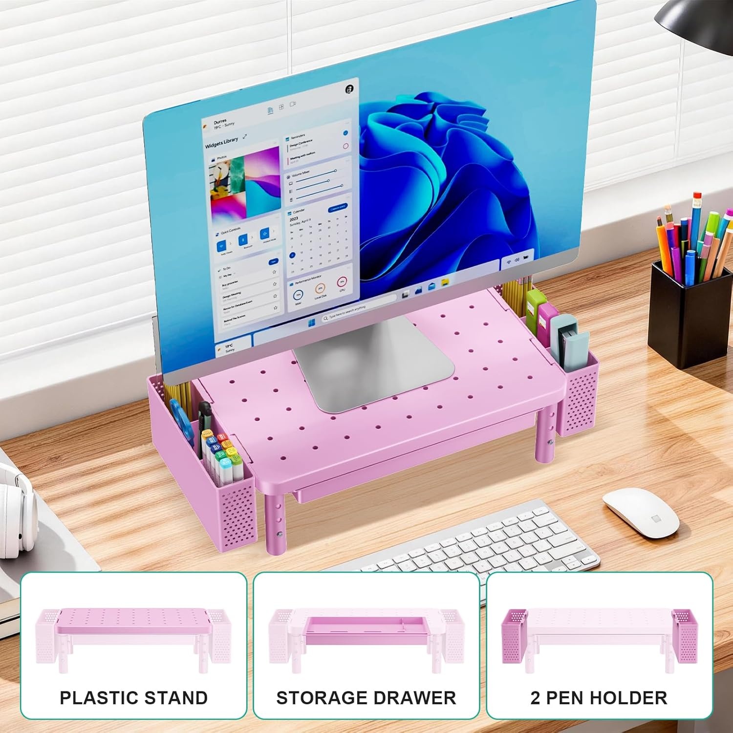 image:imageWALI Dual Monitor Stand for Desk Desk Monitor Riser 3 Height Adjustable Laptop Riser with Airflow Vents Desk Organizer for Computer Laptop Printer Notebook STT0032 2 Pack BlackPink