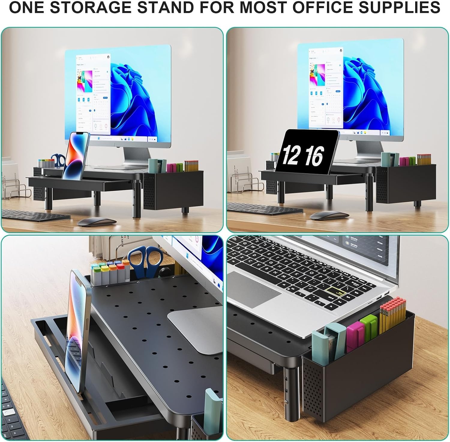 image:imageWALI Dual Monitor Stand for Desk Desk Monitor Riser 3 Height Adjustable Laptop Riser with Airflow Vents Desk Organizer for Computer Laptop Printer Notebook STT0032 2 Pack BlackBlack
