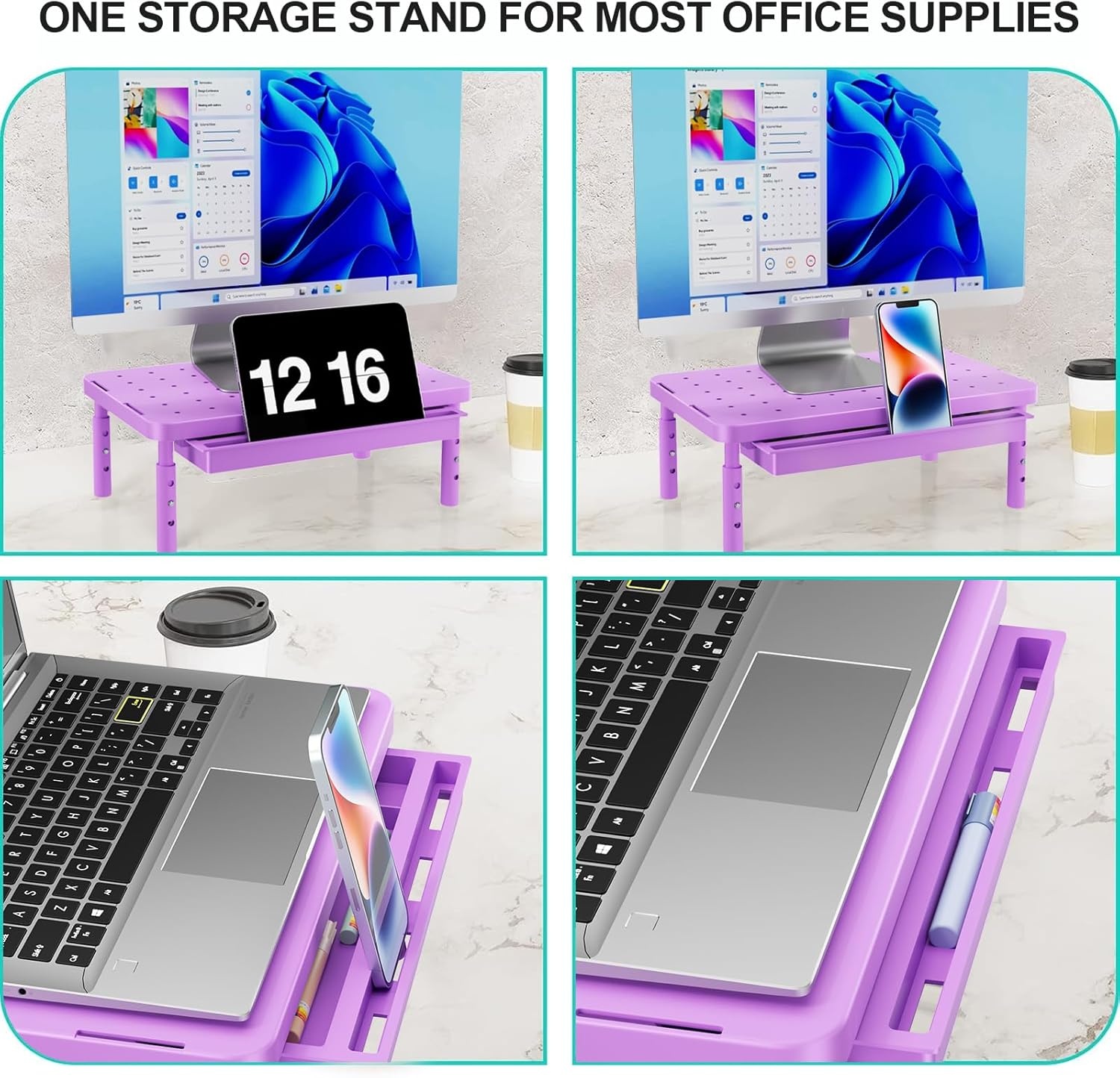 image:imageWALI Dual Monitor Stand for Desk Desk Monitor Riser 3 Height Adjustable Laptop Riser with Airflow Vents Desk Organizer for Computer Laptop Printer Notebook STT0032 2 Pack BlackViolet