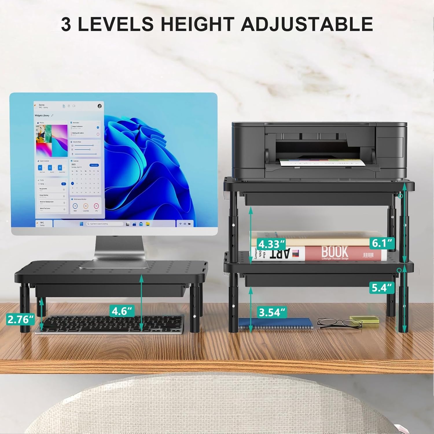 image:imageWALI Dual Monitor Stand for Desk Desk Monitor Riser 3 Height Adjustable Laptop Riser with Airflow Vents Desk Organizer for Computer Laptop Printer Notebook STT0032 2 Pack BlackBlack
