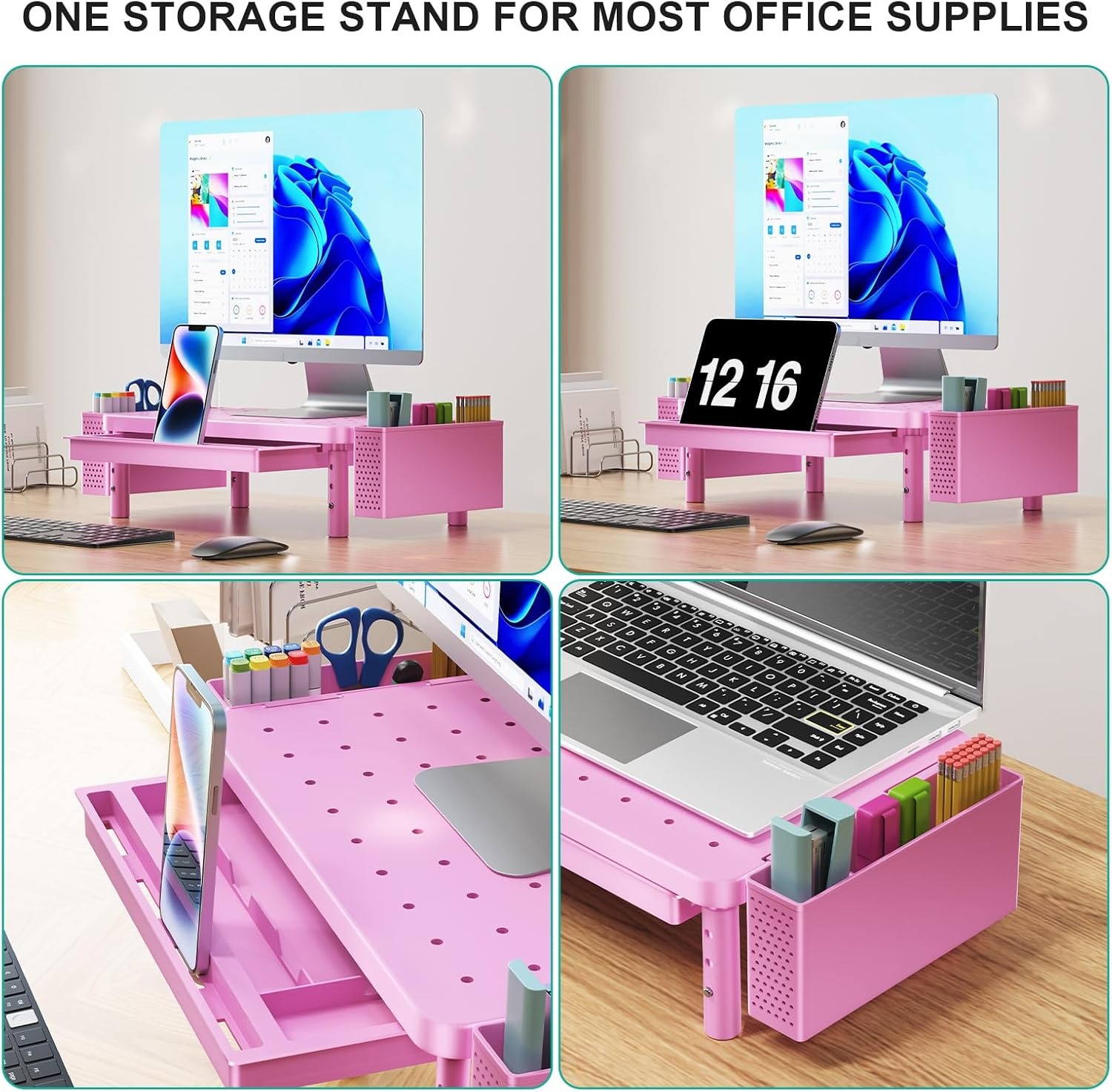 image:imageWALI Dual Monitor Stand for Desk Desk Monitor Riser 3 Height Adjustable Laptop Riser with Airflow Vents Desk Organizer for Computer Laptop Printer Notebook STT0032 2 Pack BlackPink