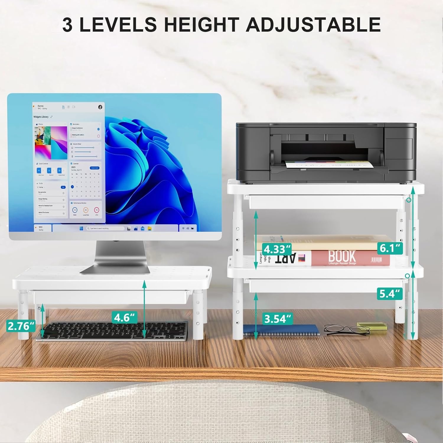image:imageWALI Dual Monitor Stand for Desk Desk Monitor Riser 3 Height Adjustable Laptop Riser with Airflow Vents Desk Organizer for Computer Laptop Printer Notebook STT0032 2 Pack BlackWhite