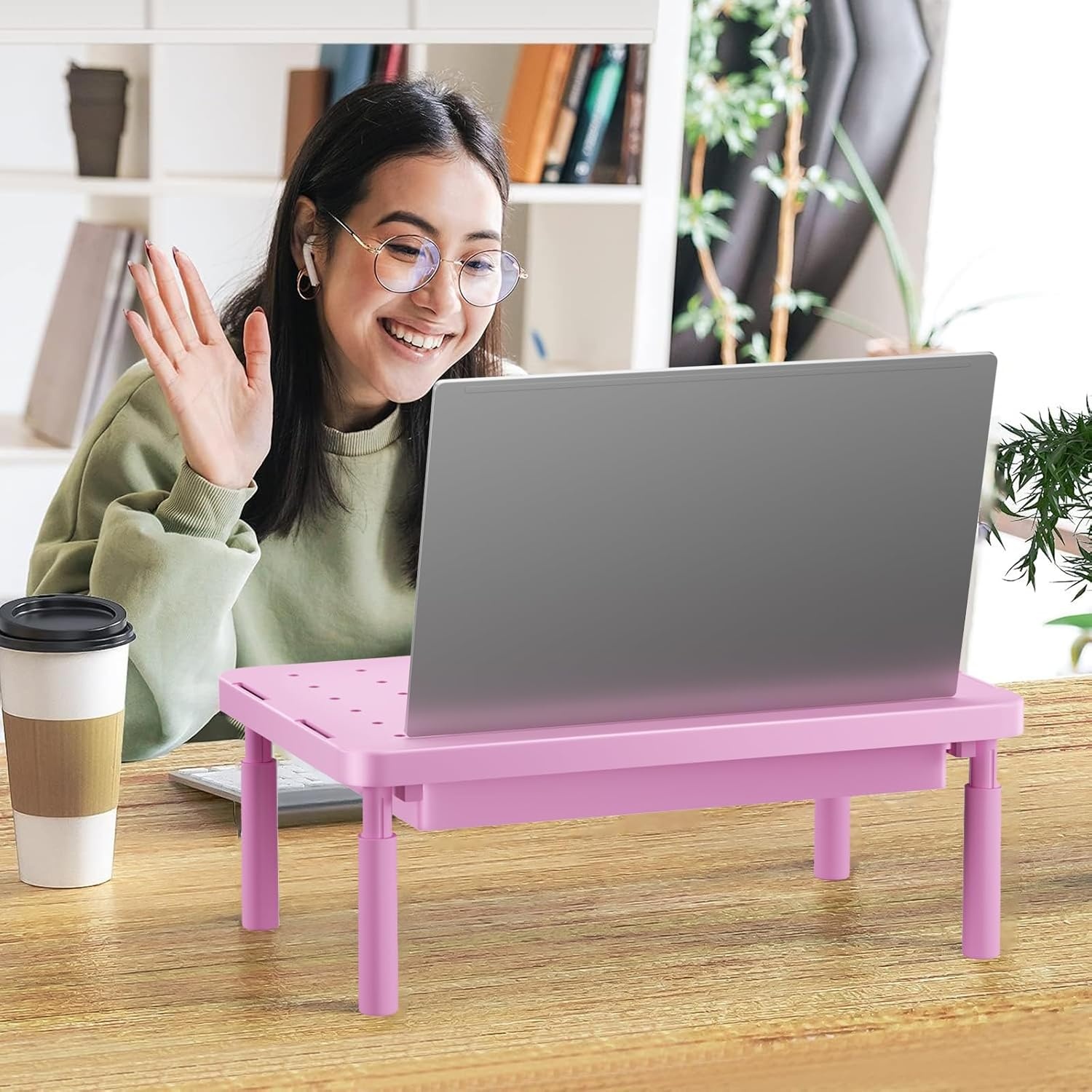 image:imageWALI Dual Monitor Stand for Desk Desk Monitor Riser 3 Height Adjustable Laptop Riser with Airflow Vents Desk Organizer for Computer Laptop Printer Notebook STT0032 2 Pack BlackPink