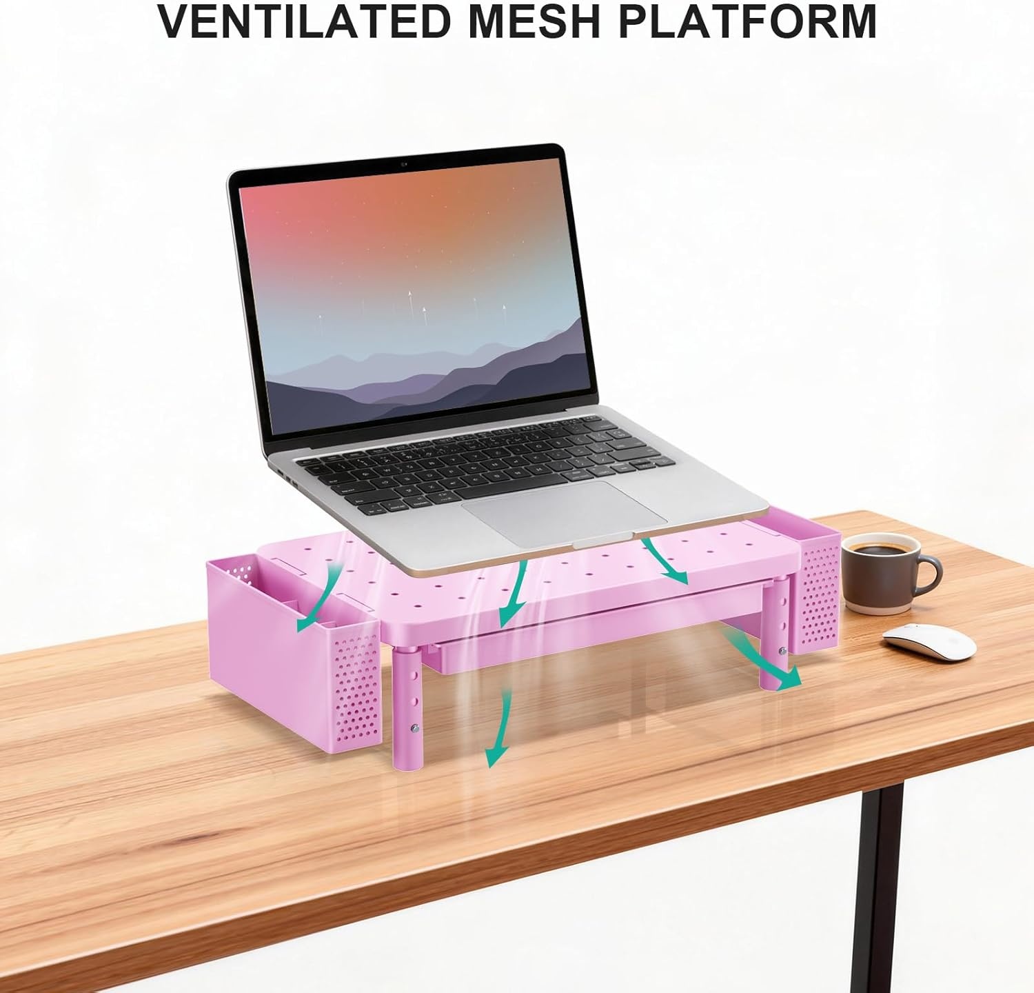 image:imageWALI Dual Monitor Stand for Desk Desk Monitor Riser 3 Height Adjustable Laptop Riser with Airflow Vents Desk Organizer for Computer Laptop Printer Notebook STT0032 2 Pack BlackPink