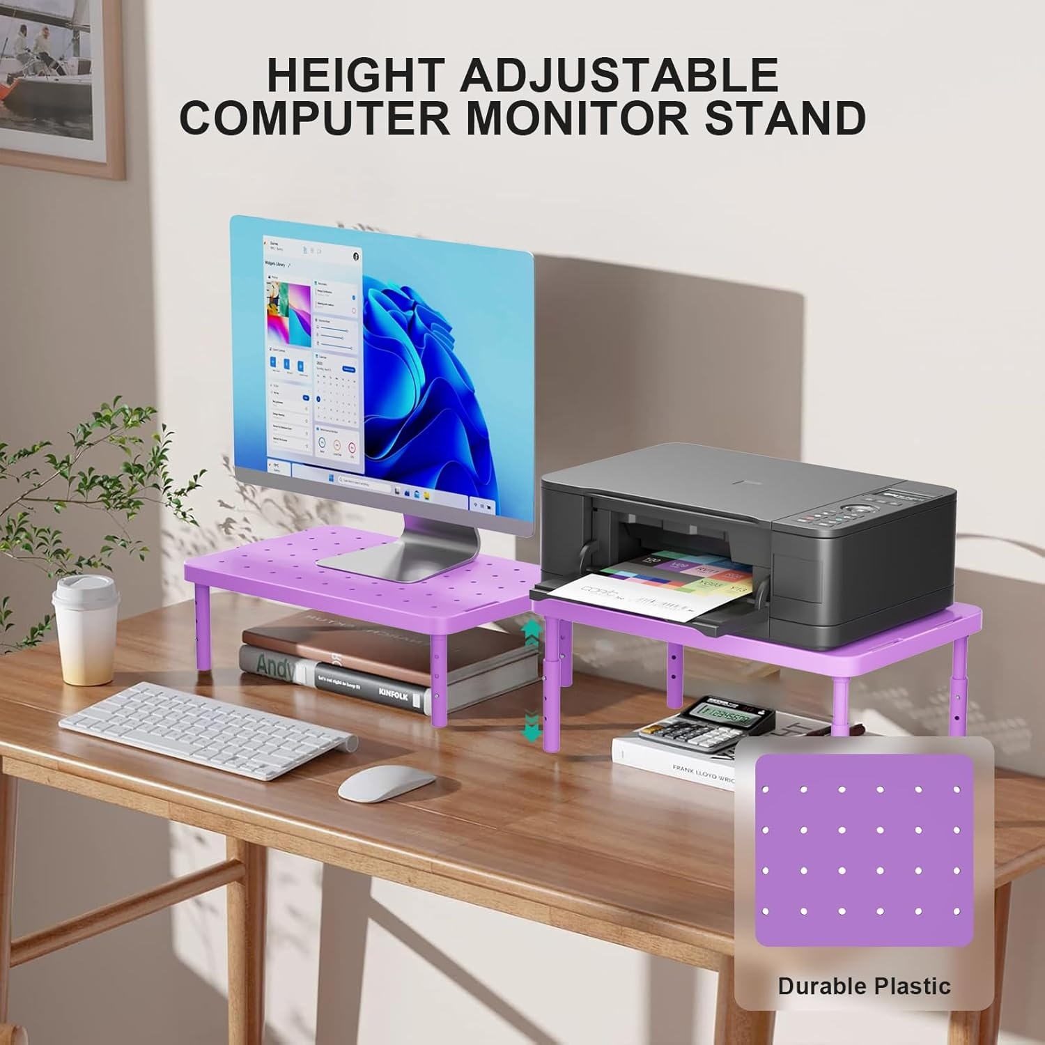 image:imageWALI Dual Monitor Stand for Desk Desk Monitor Riser 3 Height Adjustable Laptop Riser with Airflow Vents Desk Organizer for Computer Laptop Printer Notebook STT0032 2 Pack BlackViolet