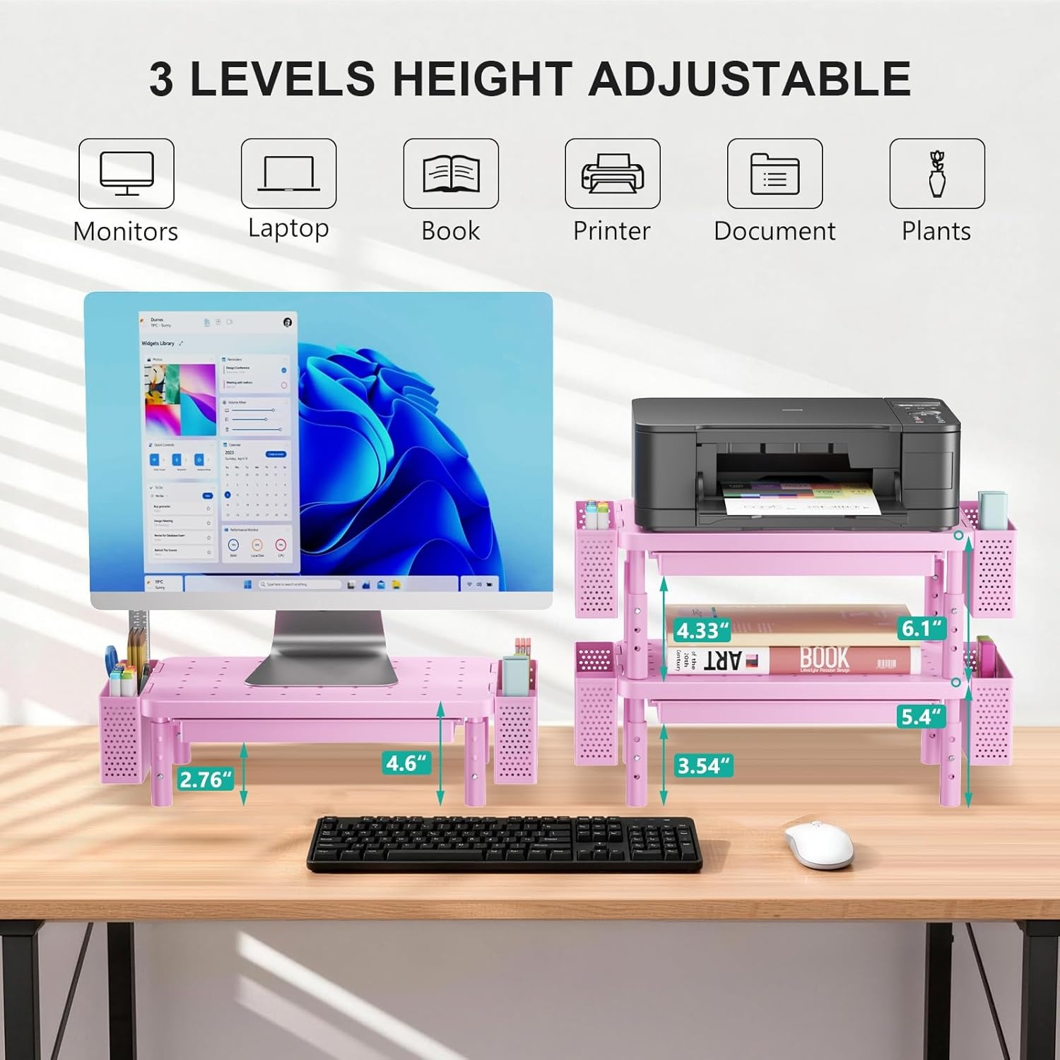 image:imageWALI Dual Monitor Stand for Desk Desk Monitor Riser 3 Height Adjustable Laptop Riser with Airflow Vents Desk Organizer for Computer Laptop Printer Notebook STT0032 2 Pack BlackPink