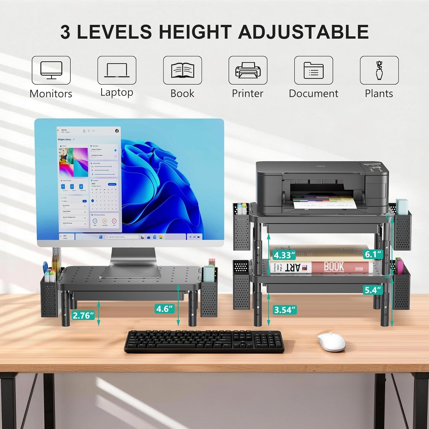 image:imageWALI Dual Monitor Stand for Desk Desk Monitor Riser 3 Height Adjustable Laptop Riser with Airflow Vents Desk Organizer for Computer Laptop Printer Notebook STT0032 2 Pack BlackBlack
