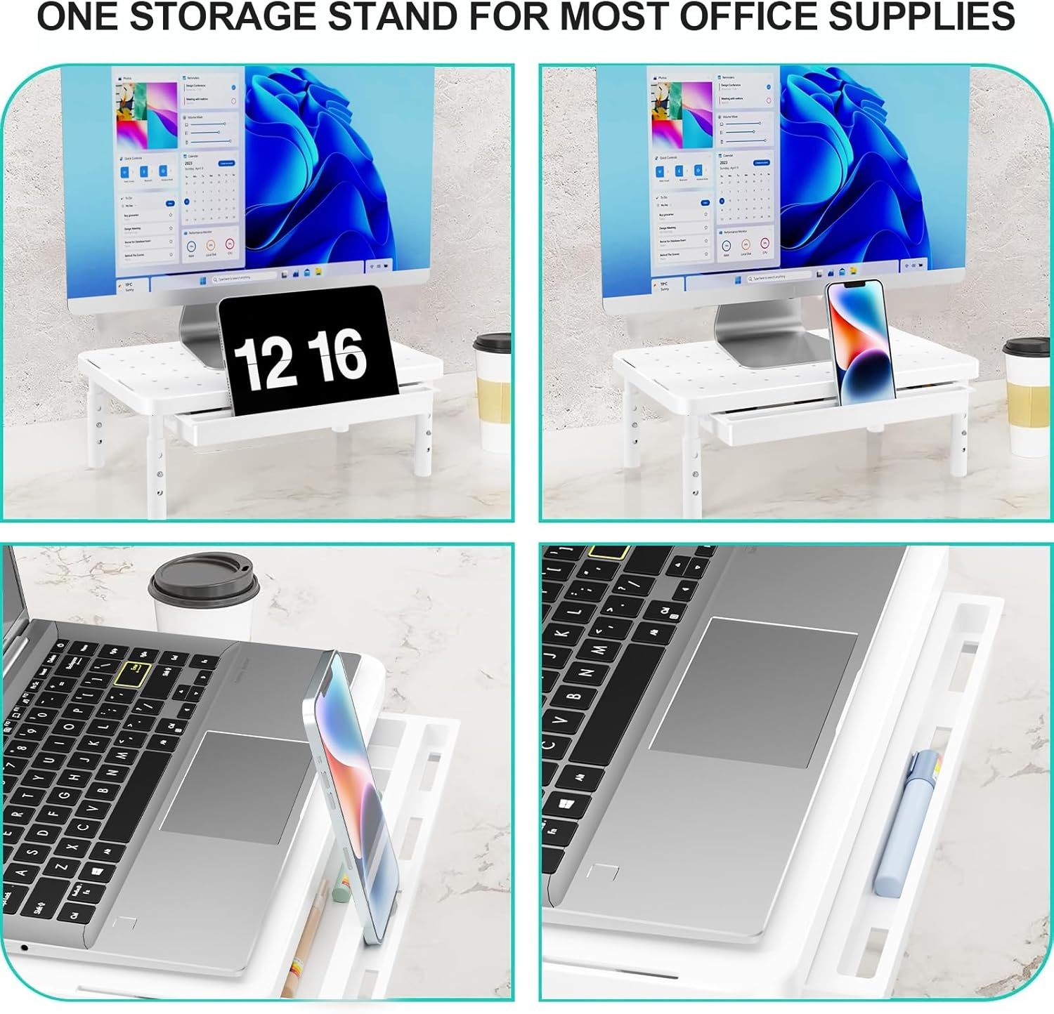 image:imageWALI Dual Monitor Stand for Desk Desk Monitor Riser 3 Height Adjustable Laptop Riser with Airflow Vents Desk Organizer for Computer Laptop Printer Notebook STT0032 2 Pack BlackWhite