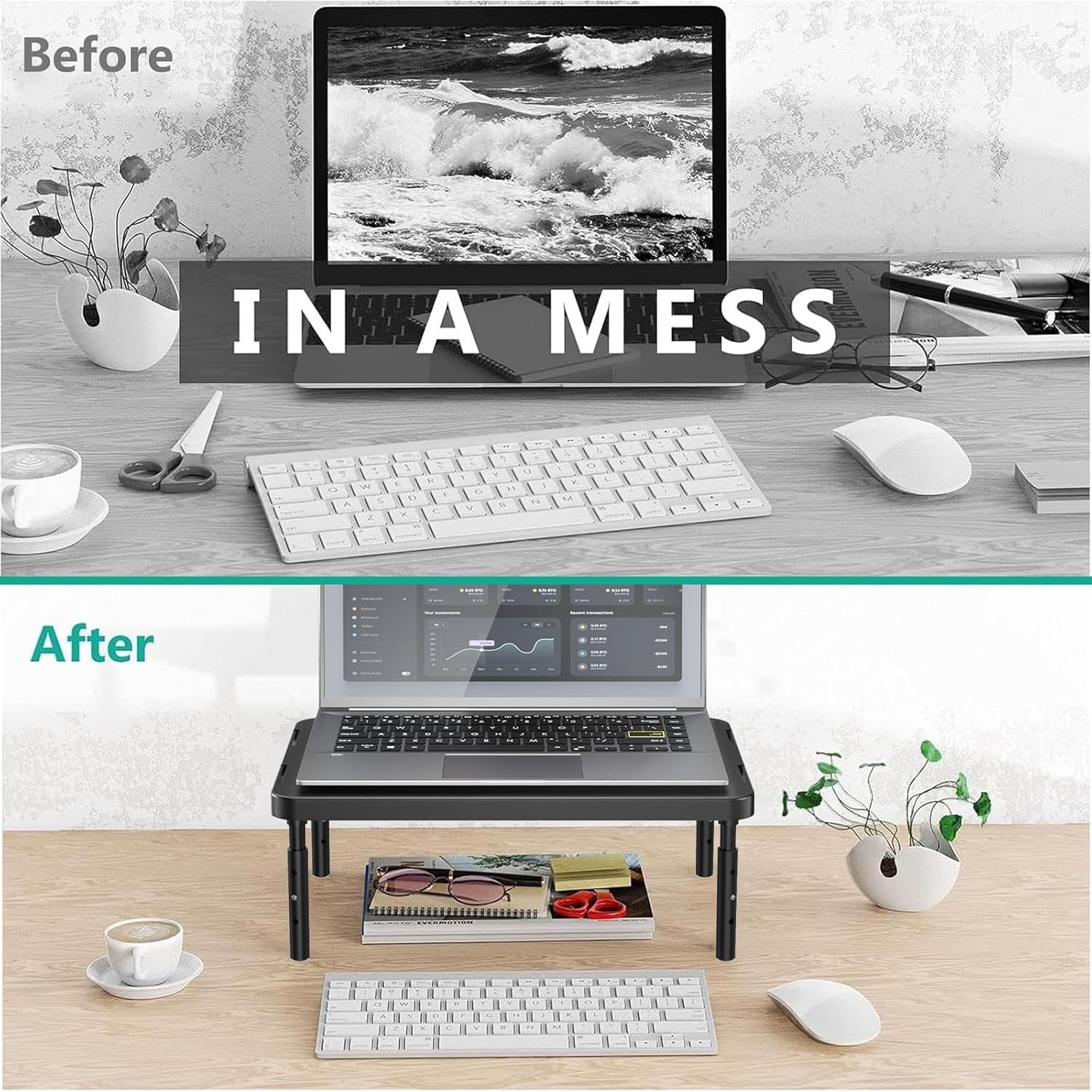 image:imageWALI Dual Monitor Stand for Desk Desk Monitor Riser 3 Height Adjustable Laptop Riser with Airflow Vents Desk Organizer for Computer Laptop Printer Notebook STT0032 2 Pack BlackBlack