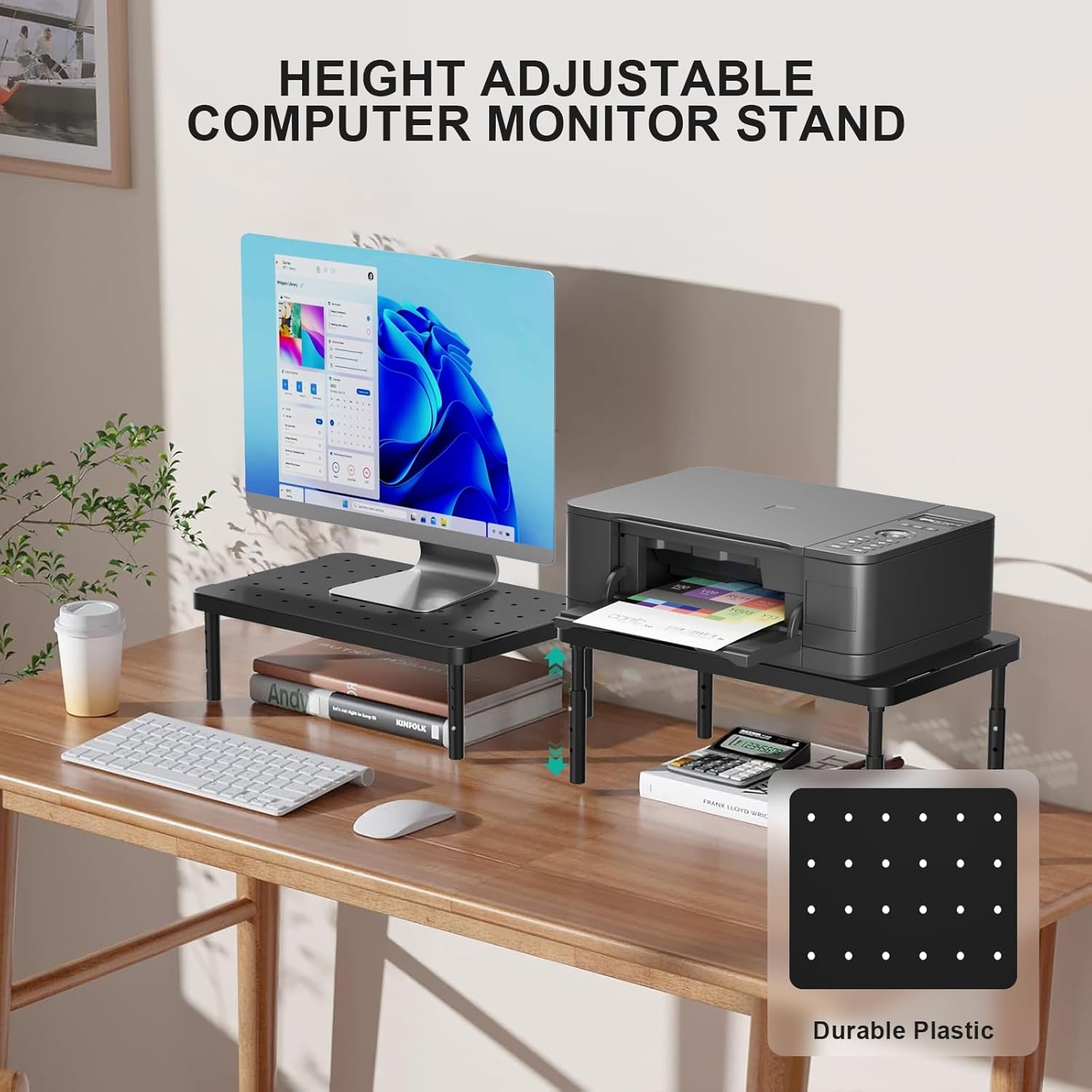 image:imageWALI Dual Monitor Stand for Desk Desk Monitor Riser 3 Height Adjustable Laptop Riser with Airflow Vents Desk Organizer for Computer Laptop Printer Notebook STT0032 2 Pack BlackBlack